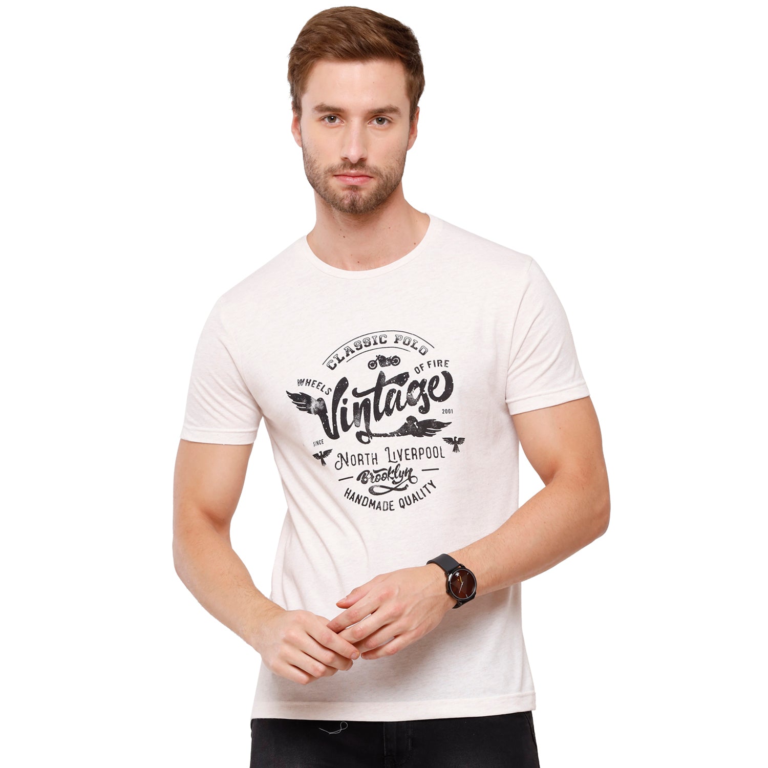 Classic Polo Mens Chest Print Half Sleeve Slim Fit Crew Neck T-Shirt (FLASH-RN-109 SF C) Classic Polo 