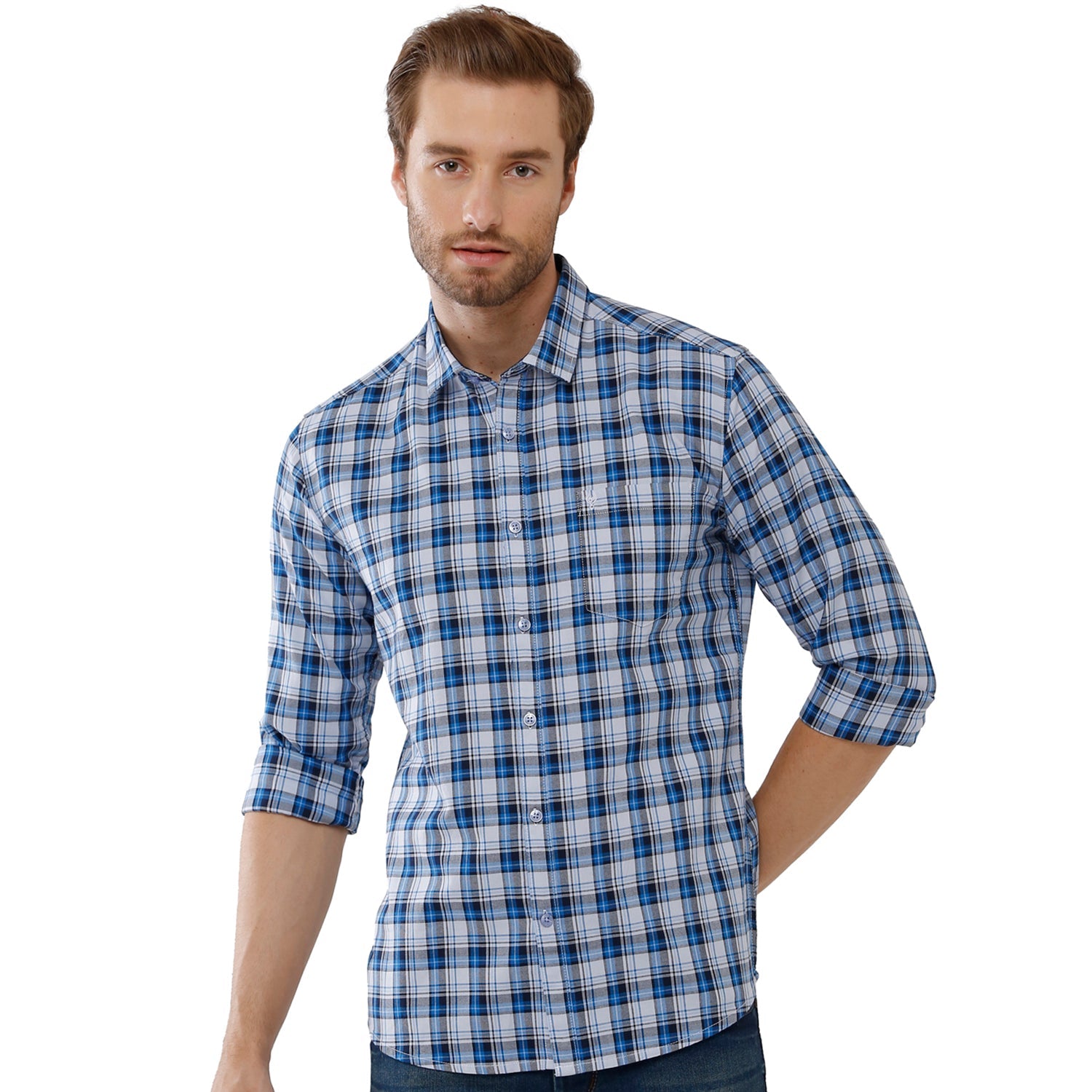 Classic Polo Mens 100% Cotton Full Sleeve Checked Slim Fit Blue Woven Shirt -SN1 116 A Shirts Classic Polo 