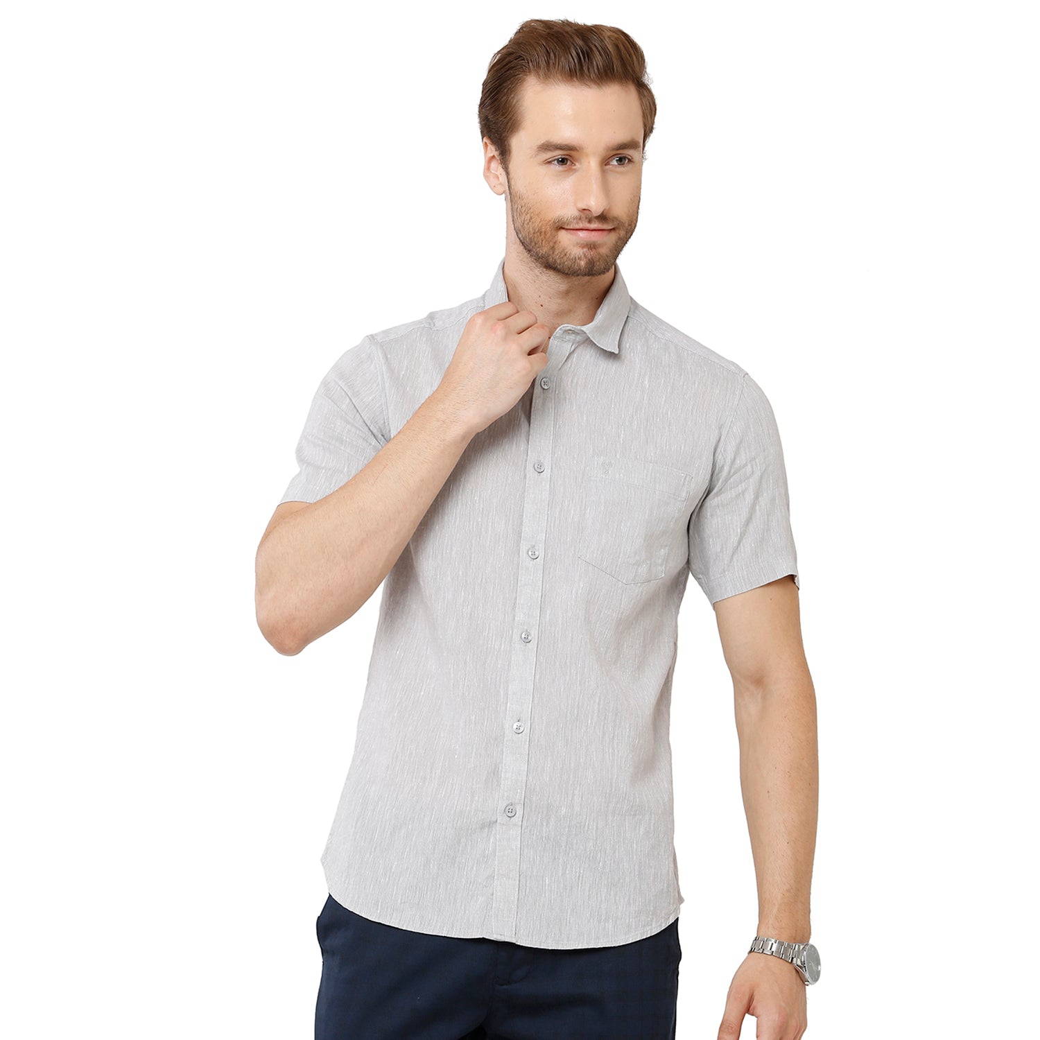 Classic Polo Mens Grey Linen Cotton Woven Shirt - Porsh Grey Shirts Classic Polo 