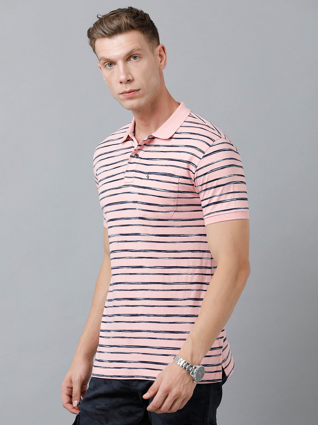 Classic Polo Men's Cotton Half Sleeve Striped Authentic Fit Polo Neck Pink Color T-Shirt | Nexon - 02 B