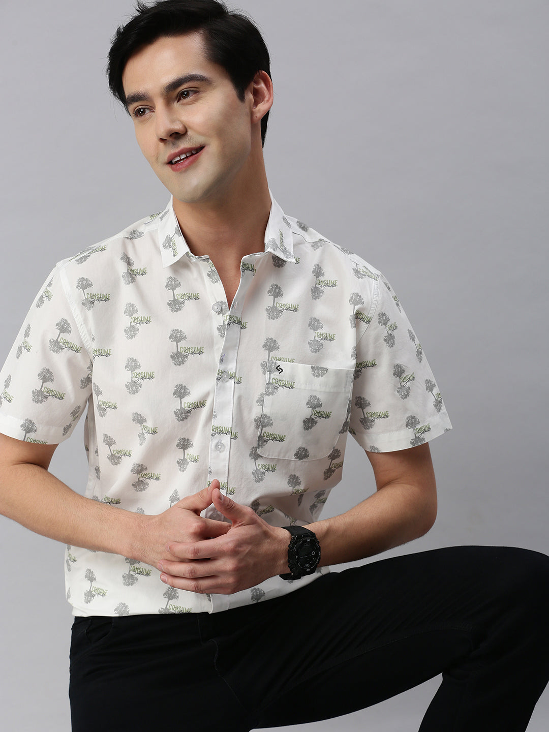 Classic Polo Men's Cotton Half Sleeve Printed Slim Fit Collar Neck White Color Woven Shirt | So1-146 A