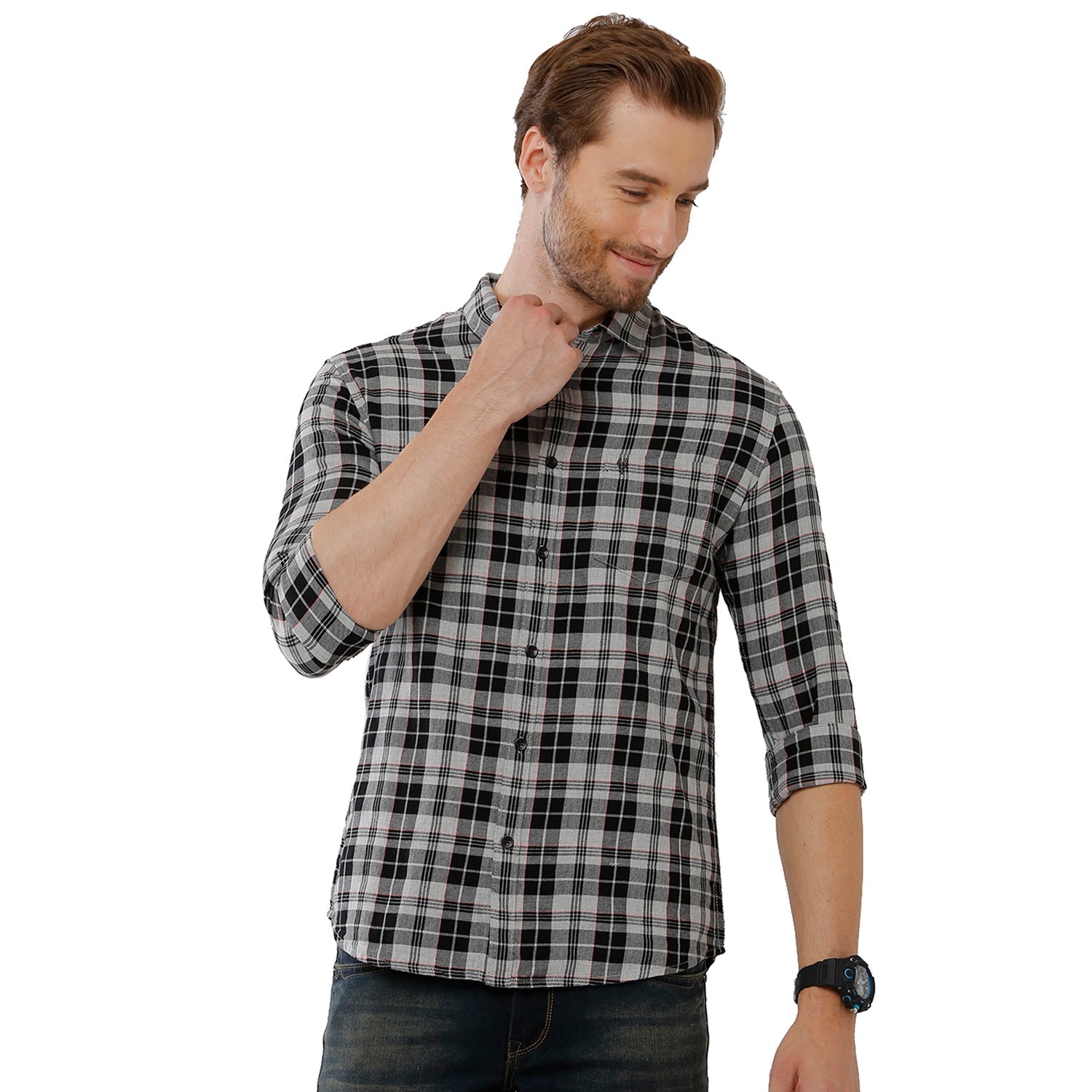 Classic Polo Mens 100% Cotton Checkered Slim Fit Black & Grey Color Woven Shirt - SN1 135 B Shirts Classic Polo 