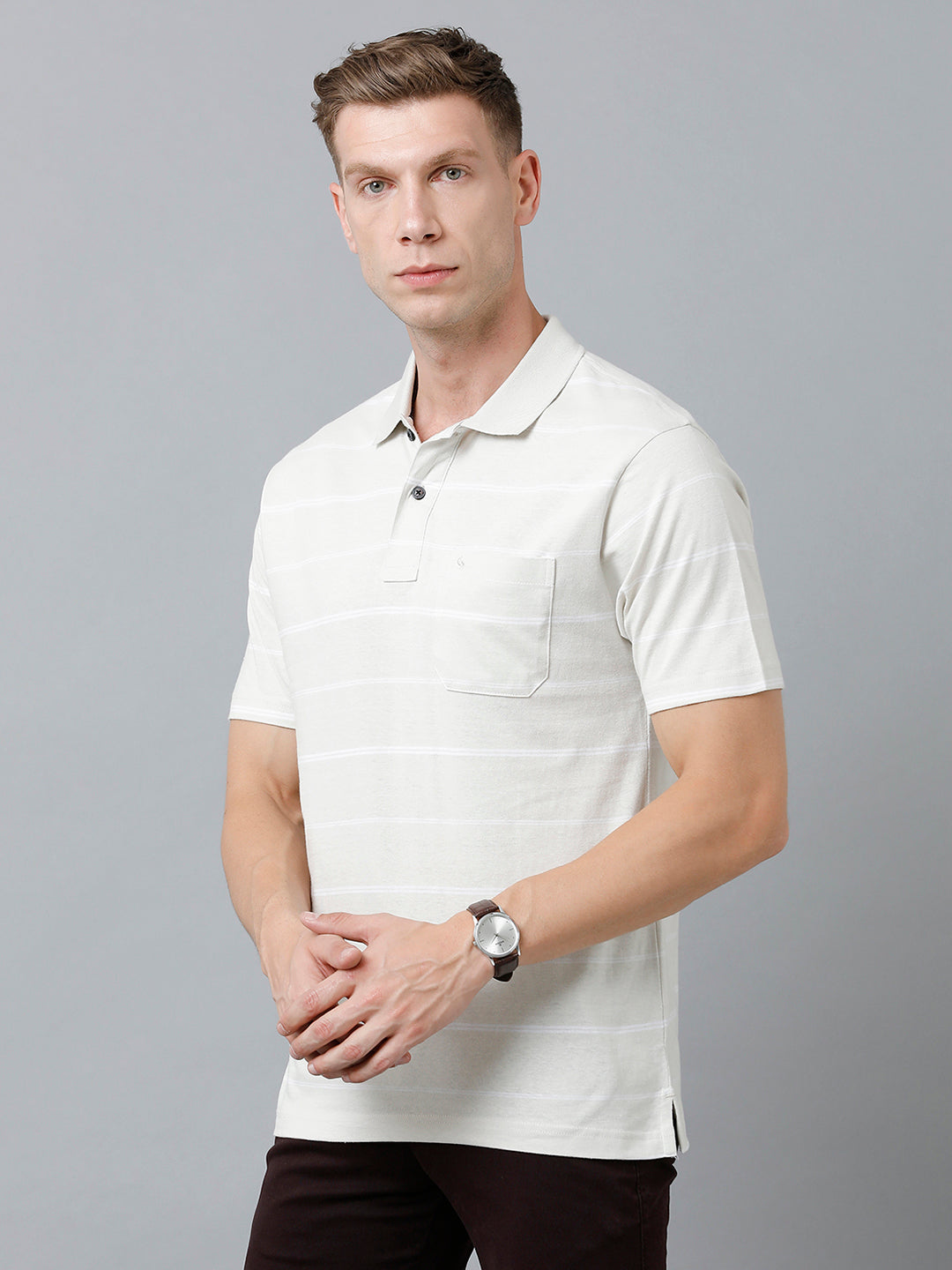 Classic Polo Men's Cotton Blend Half Sleeve Striped Authentic Fit Polo Neck Beige Color T-Shirt | Avon - 516 B