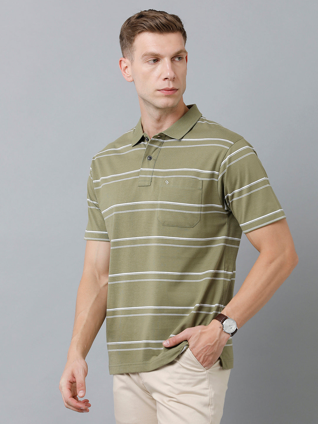 Classic Polo Men's Cotton Blend Half Sleeve Striped Authentic Fit Polo Neck Olive Green Color T-Shirt | Avon - 515 B