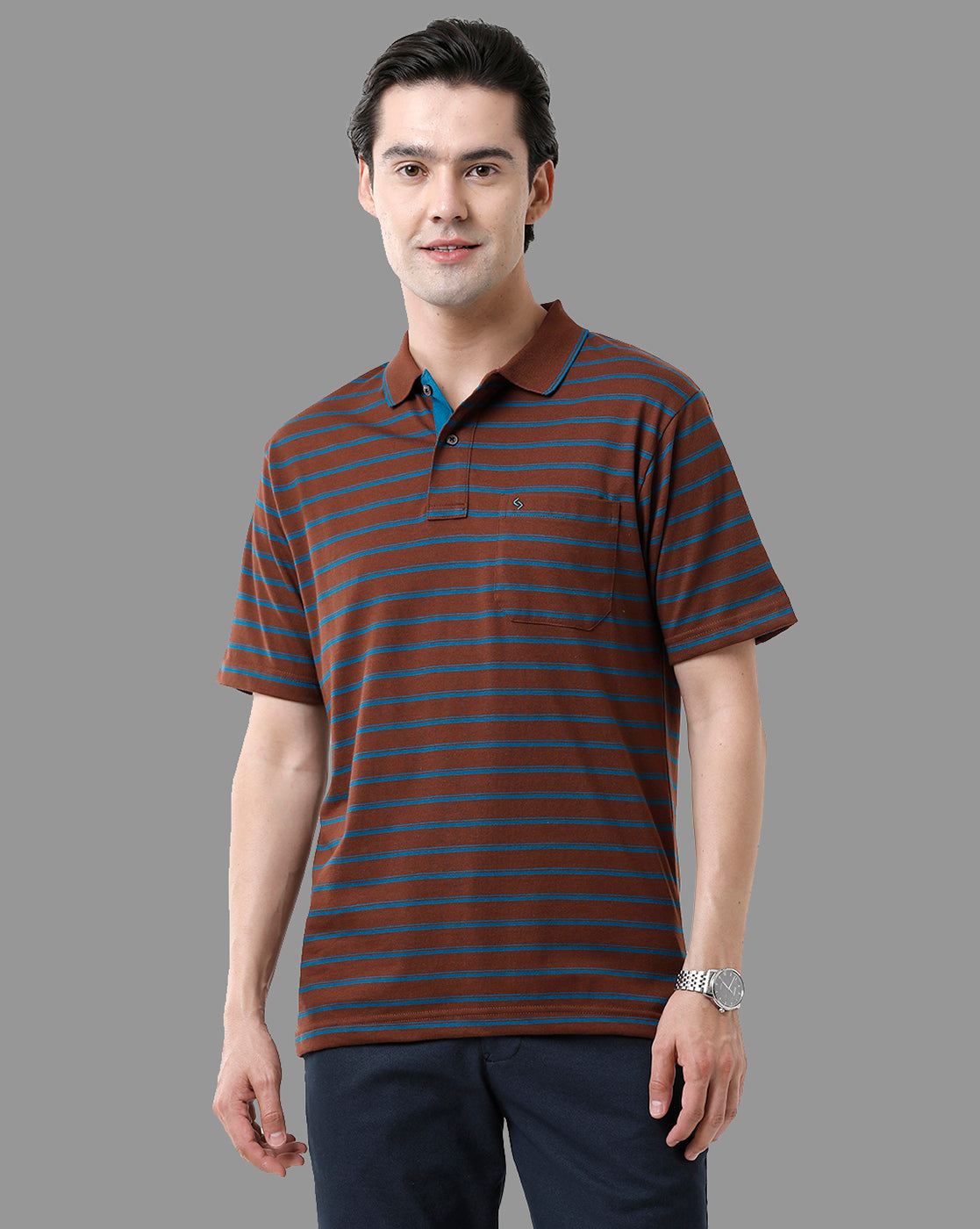 Classic Polo Mens Cotton Half Sleeve Striped Authentic Fit Polo Neck Brown Color T-Shirt | Feeders - 208 A