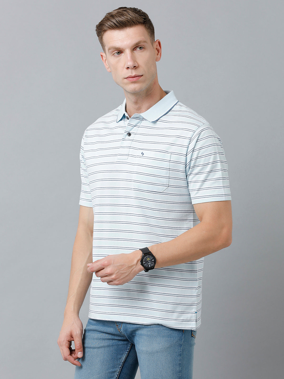 Classic Polo Men's Cotton Half Sleeve Striped Authentic Fit Polo Neck Light Blue Color T-Shirt | Feeders - 215 A