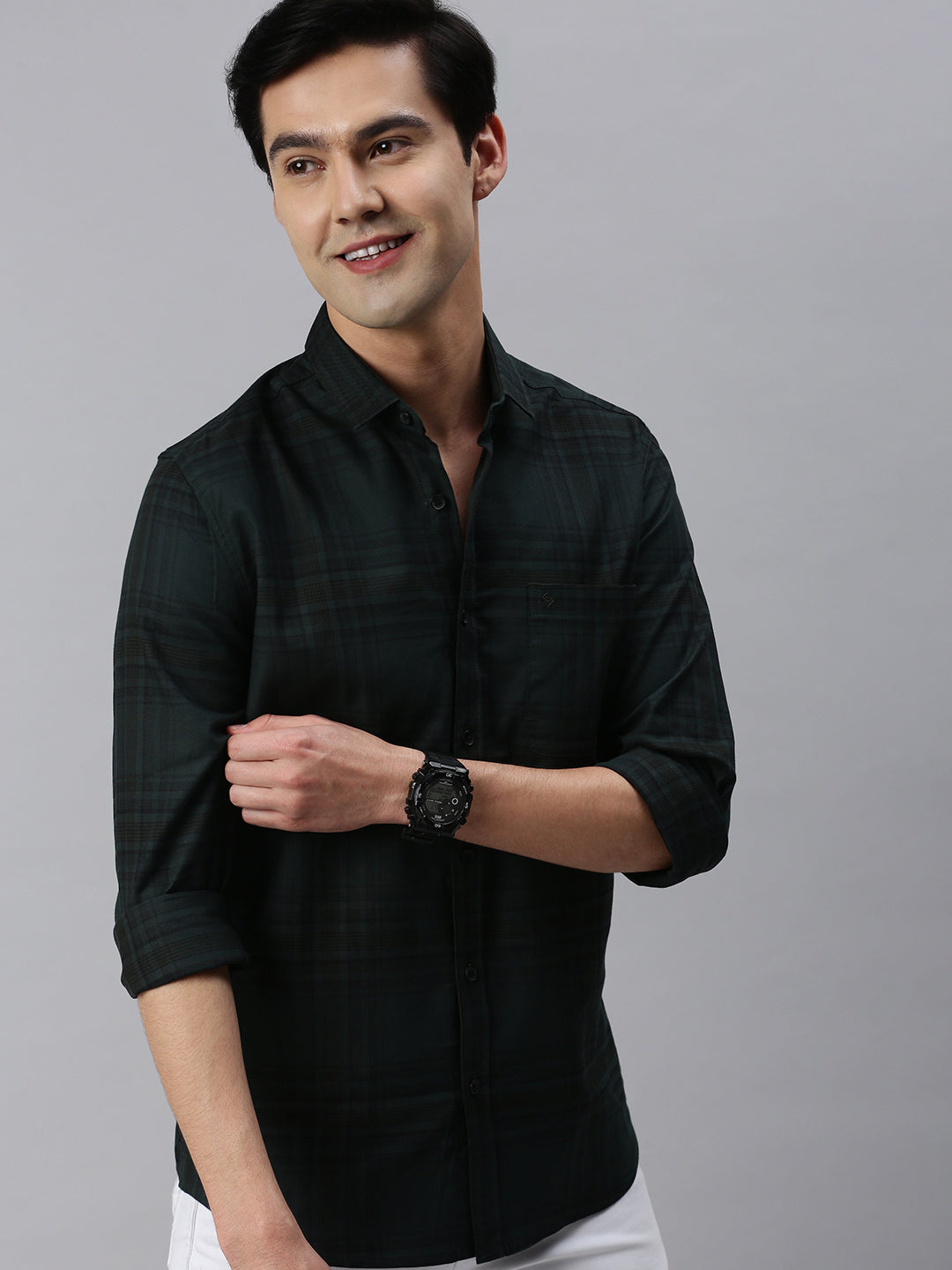 Classic Polo Men's Cotton Full Sleeve Checked Slim Fit Polo Neck Black Color Woven Shirt | So1-99 B