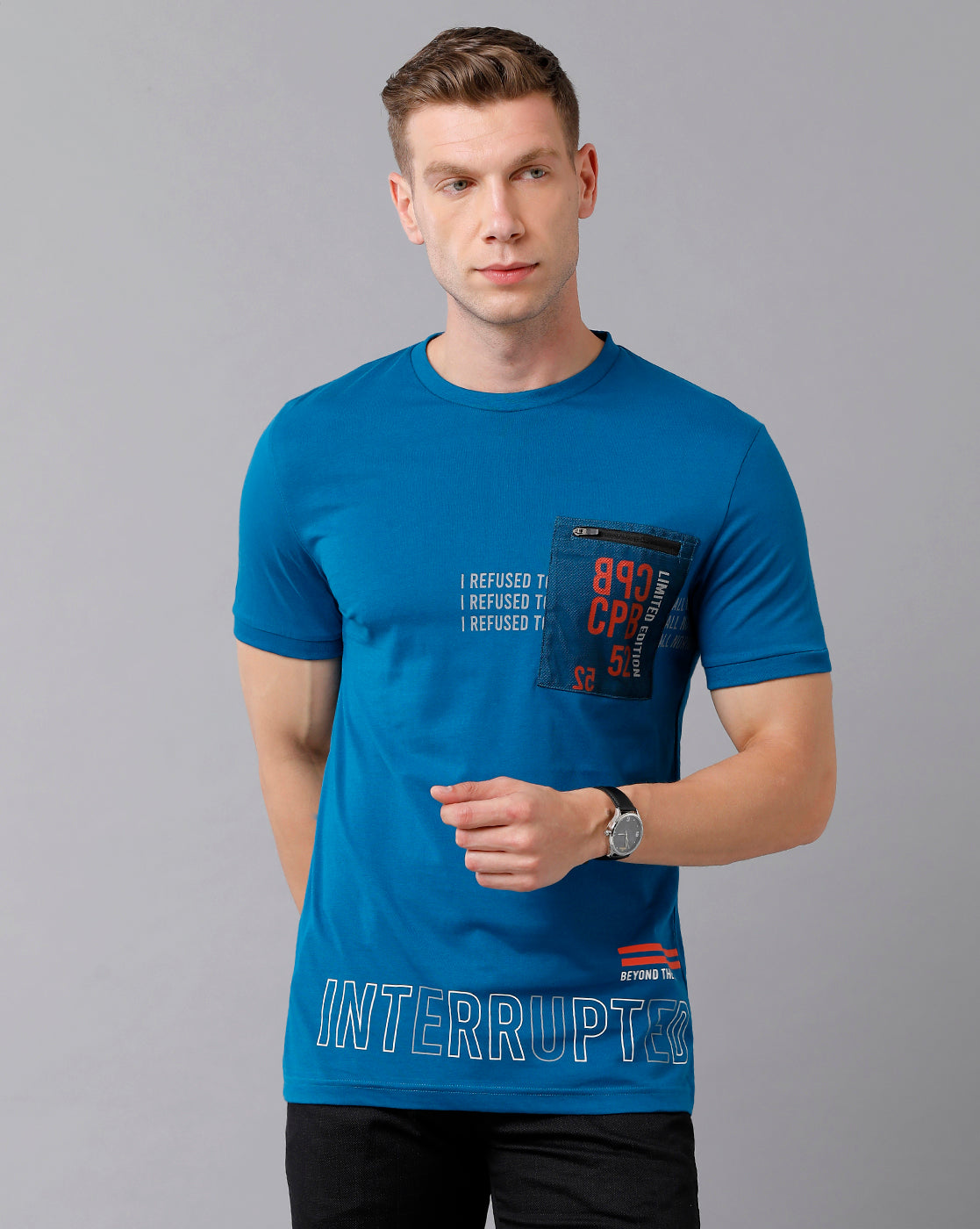 CP BRO Men's Cotton Printed Half Sleeve Slim Fit Round Neck Blue Color T-Shirt | Brcn - 488 B