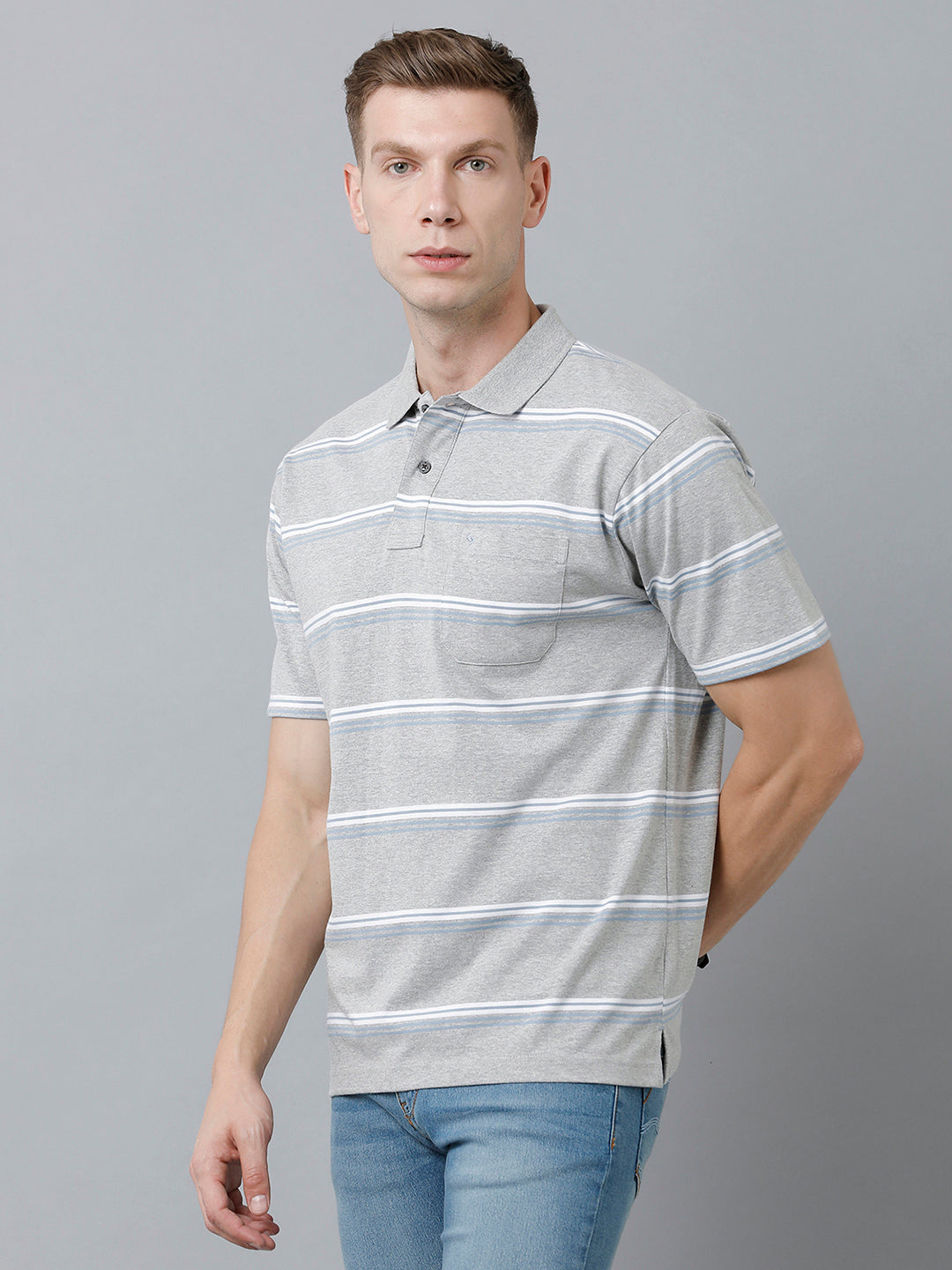 Classic Polo Men's Cotton Blend Half Sleeve Striped Authentic Fit Polo Neck Light Grey Color T-Shirt | Avon - 527 B