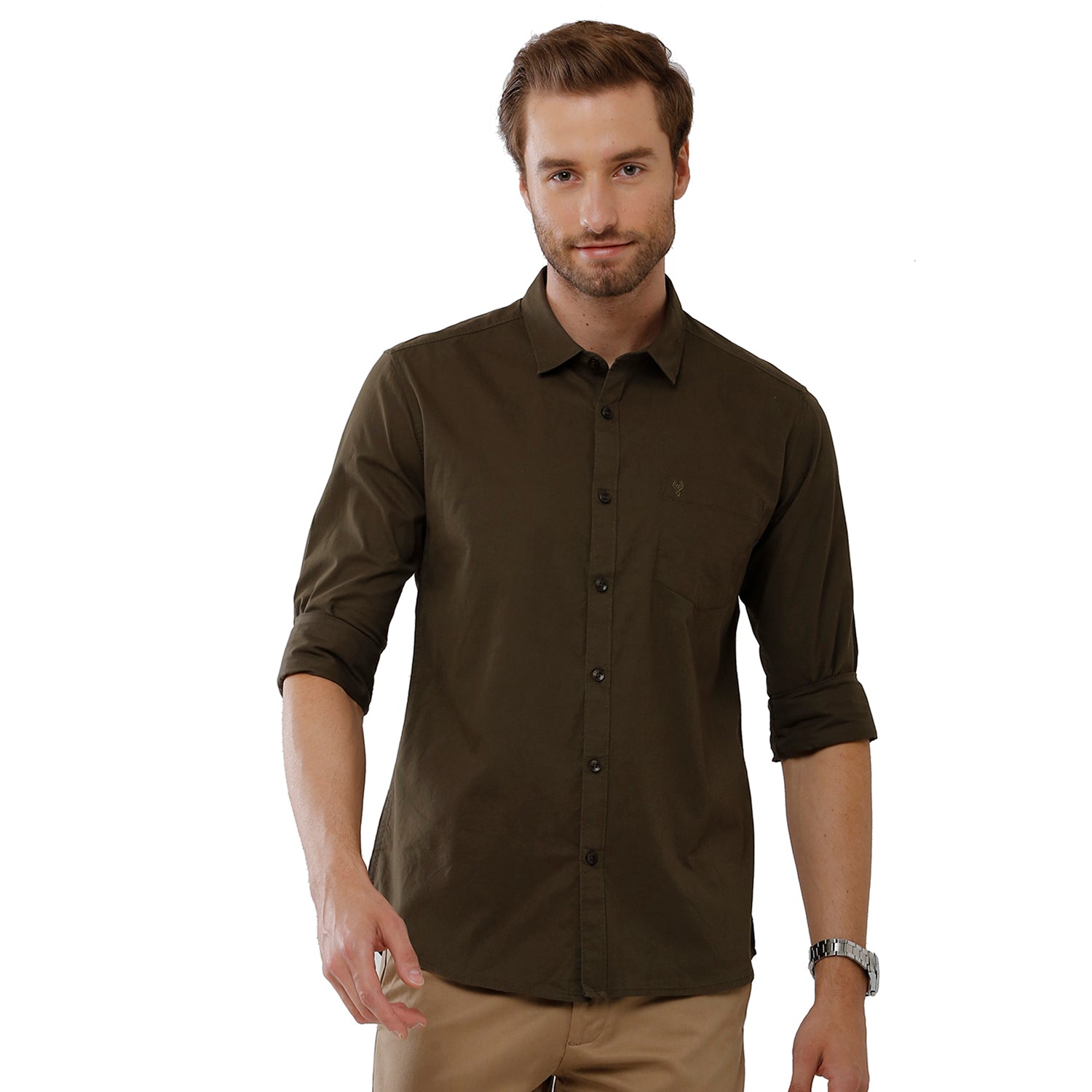Classic Polo Mens 100% Cotton Full Sleeve Solid Slim Fit Green Color Woven Shirt -SN1 115 F Shirts Classic Polo 