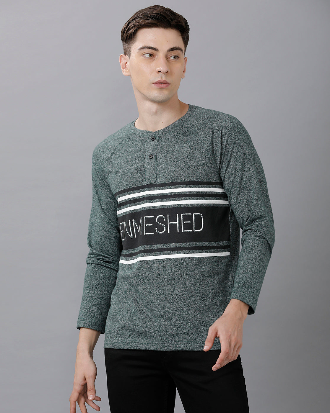 Classic Polo Mens Cotton Color Block Full Sleeve Slim Fit Round Neck Green Color T-Shirt | Baleno Fs 483 A