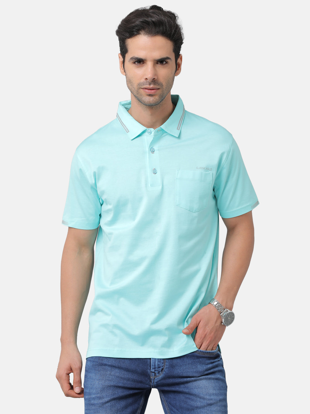 Classic Polo Men's Cotton Solid Half Sleeve Slim Fit Polo Neck Blue Color T-Shirt | HS-UNICO - 01 A