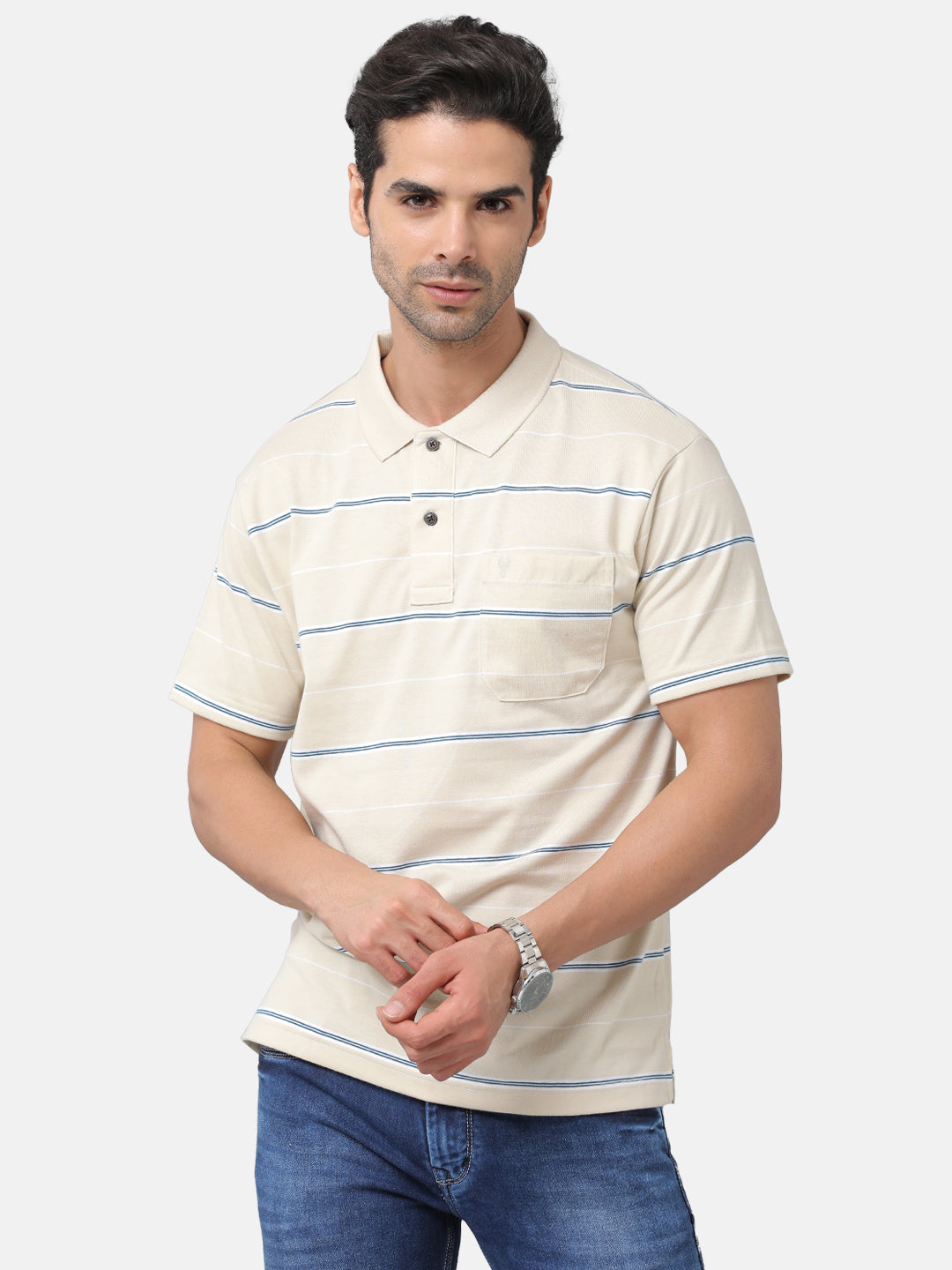 Classic Polo Mens Cotton Blend Striped Authentic Fit Polo Neck Cream Color T-Shirt | Avon 477a