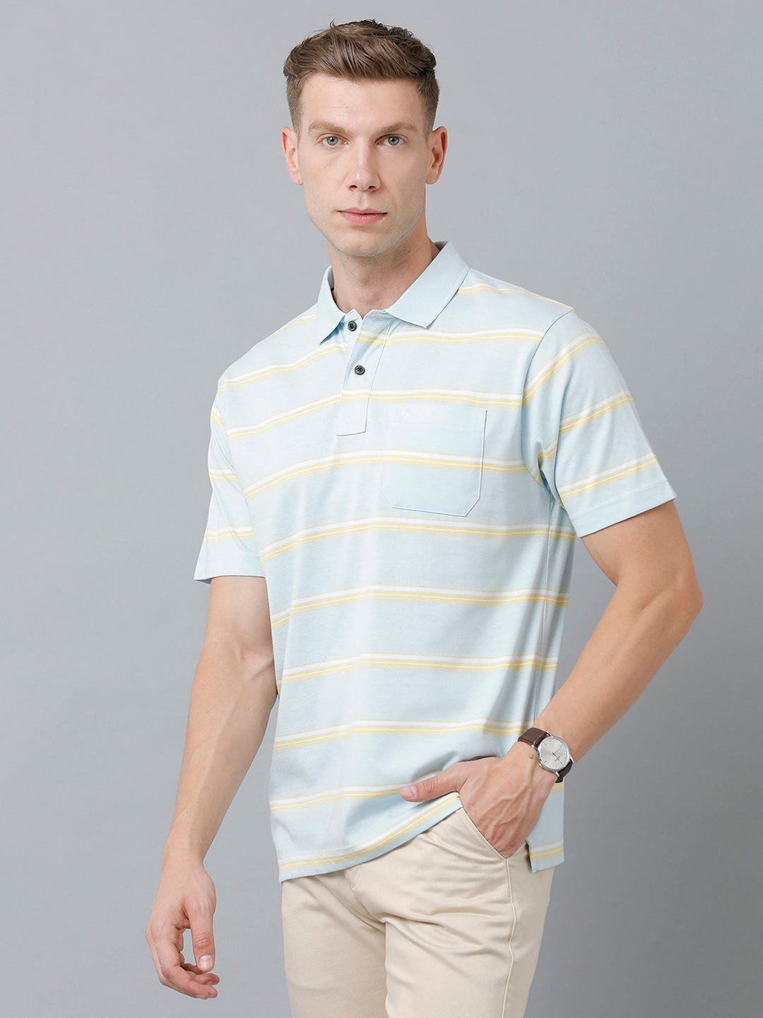 Classic Polo Men's Cotton Blend Half Sleeve Striped Authentic Fit Polo Neck Light Blue Color T-Shirt | Avon - 514 B