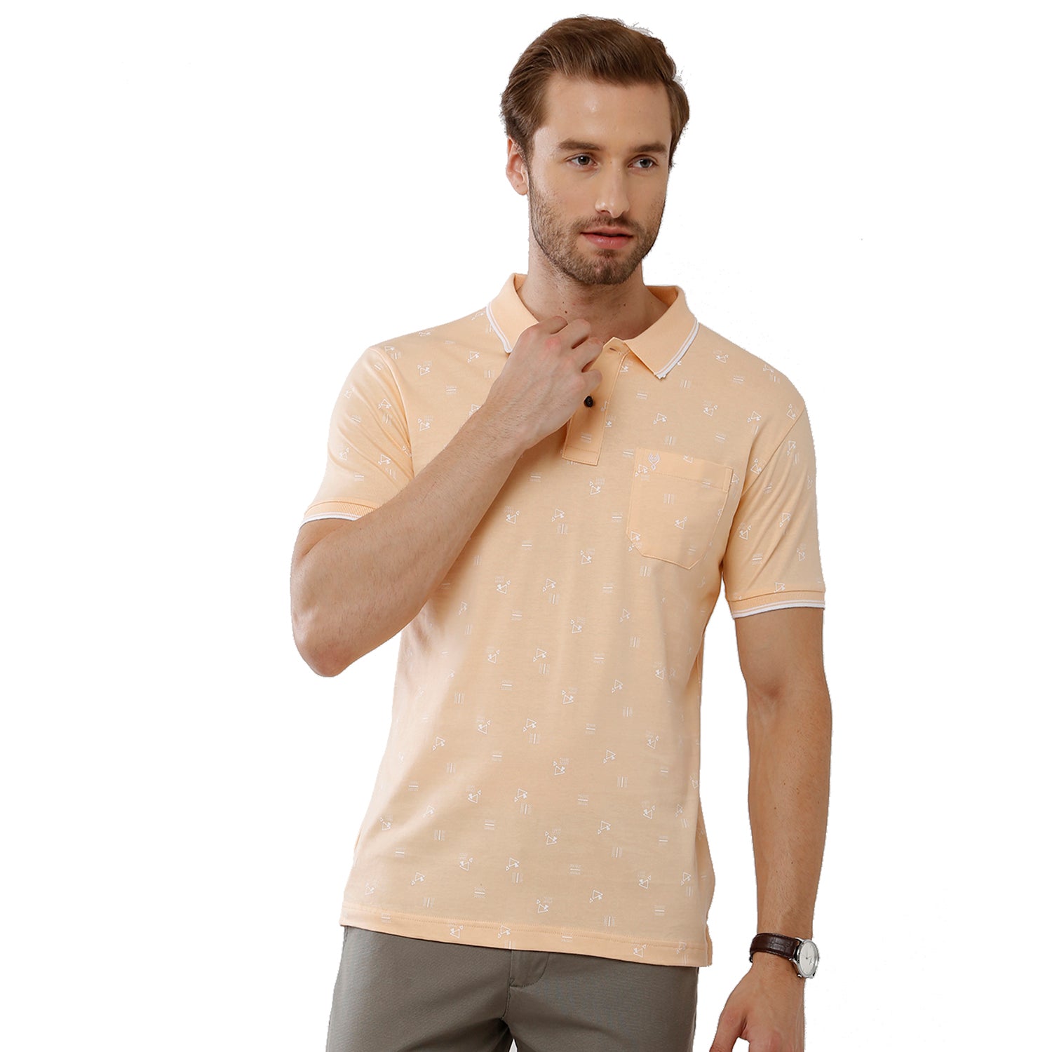 Classic Polo Mens 100% Cotton Printed Slim Fit Beige Color Polo Neck T-Shirt -BELLO 165 B Classic Polo 