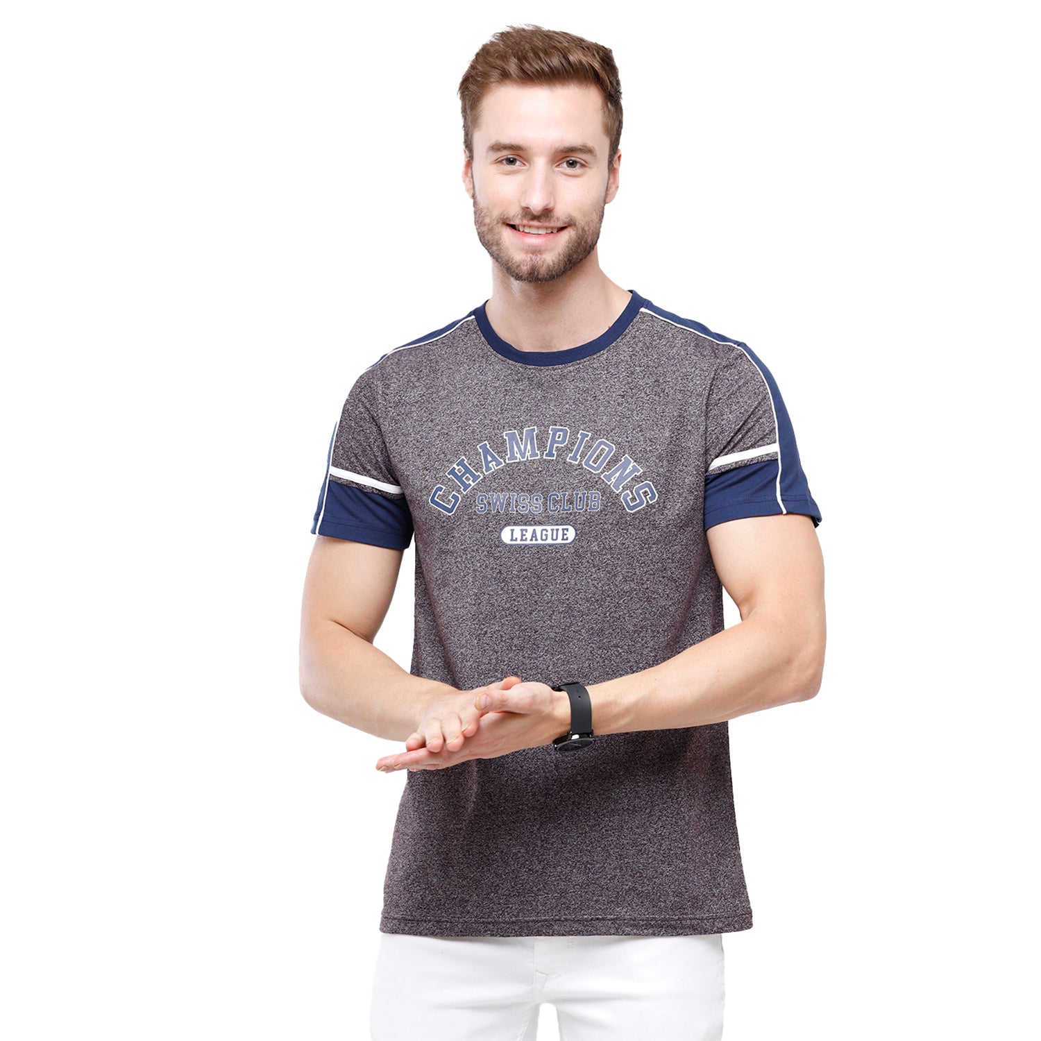 Swiss Club Mens Grey Chest Print Slim Fit Sporty Half Sleeve Round Neck T-Shirt (CUB - 48 A SF C) T-shirt Swiss Club 