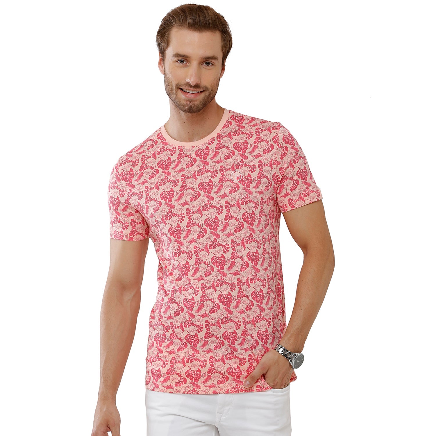 Classic Polo Bro Mens 100% Cotton Printed Half Sleeve Slim Fit Crew Neck Pink Color T-Shirt (BRCN - 475 A SF C) Classic Polo 