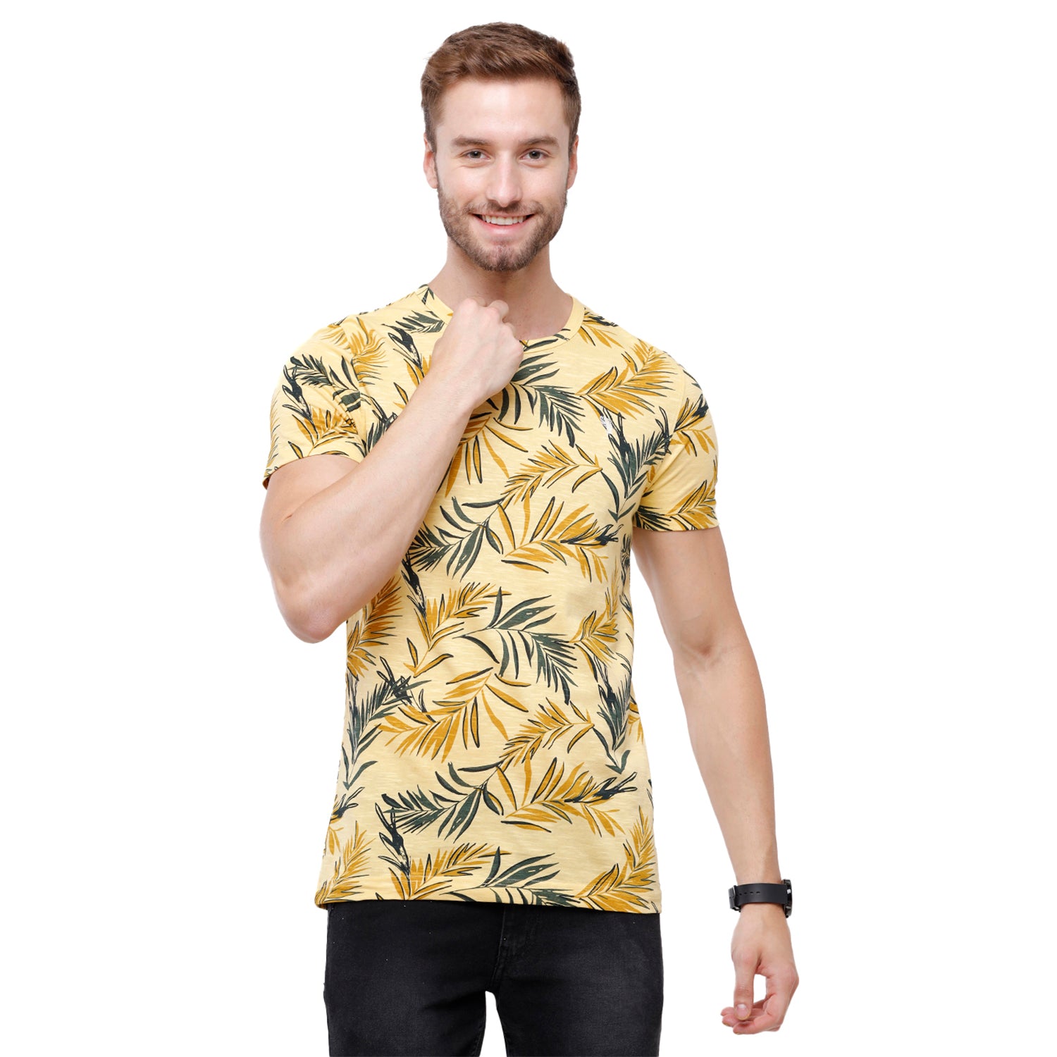 Swiss Club Mens Beige Printed Slim Fit Half Sleeve Round Neck T-Shirt (CUB - 47 A SF C) T-shirt Swiss Club 