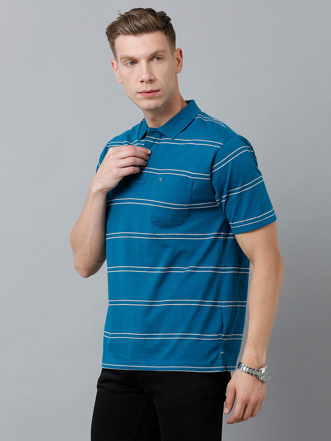 Classic Polo Men's Cotton Blend Half Sleeve Striped Authentic Fit Polo Neck Blue Color T-Shirt | Avon - 521 A