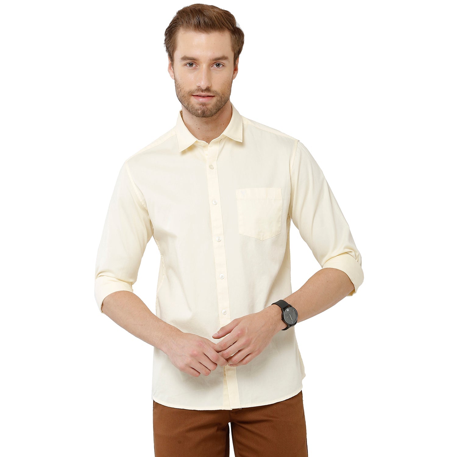 Classic Polo Mens 100% Cotton Full Sleeve Solid Slim Fit Yellow Color Woven Shirt -SFD1 21 A Shirts Classic Polo 