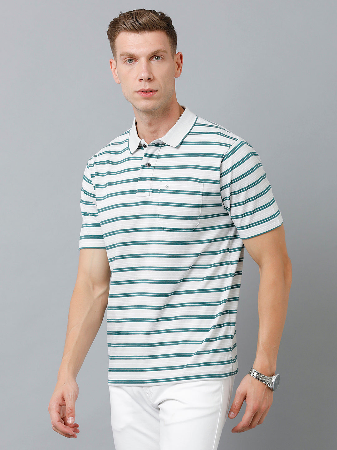 Classic Polo Men's Cotton Half Sleeve Striped Authentic Fit Polo Neck Light Grey Color T-Shirt | Feeders - 219 A