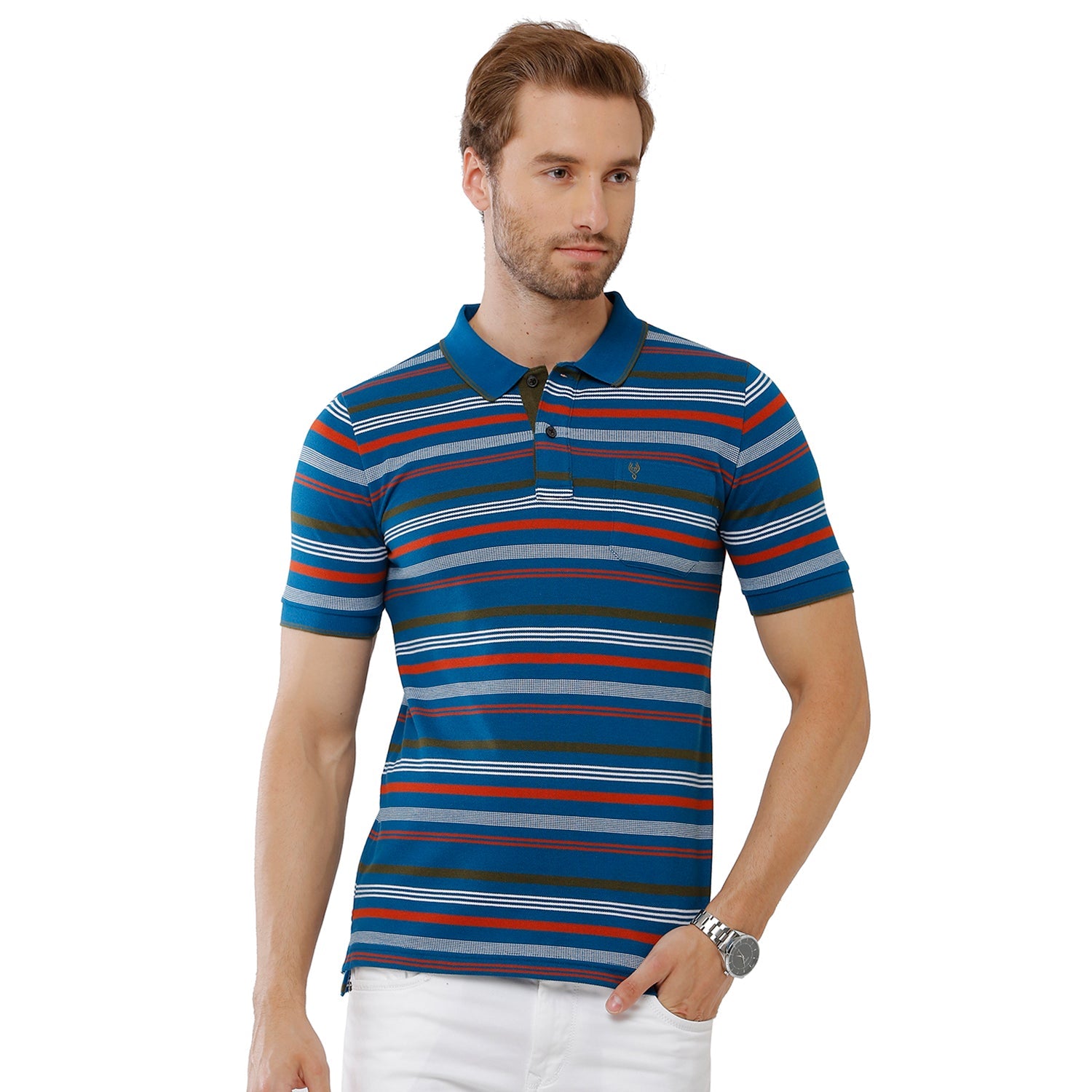 Classic Polo Mens Cotton Navy & Red Color Striped Slim Fit Polo Neck T-Shirt - Adore 165 B T-shirt Classic Polo 
