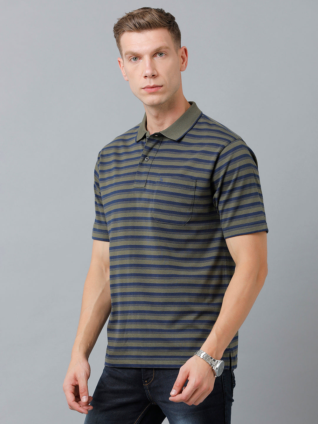 Classic Polo Men's Cotton Half Sleeve Striped Authentic Fit Polo Neck Olive Green Color T-Shirt | Feeders - 221 A