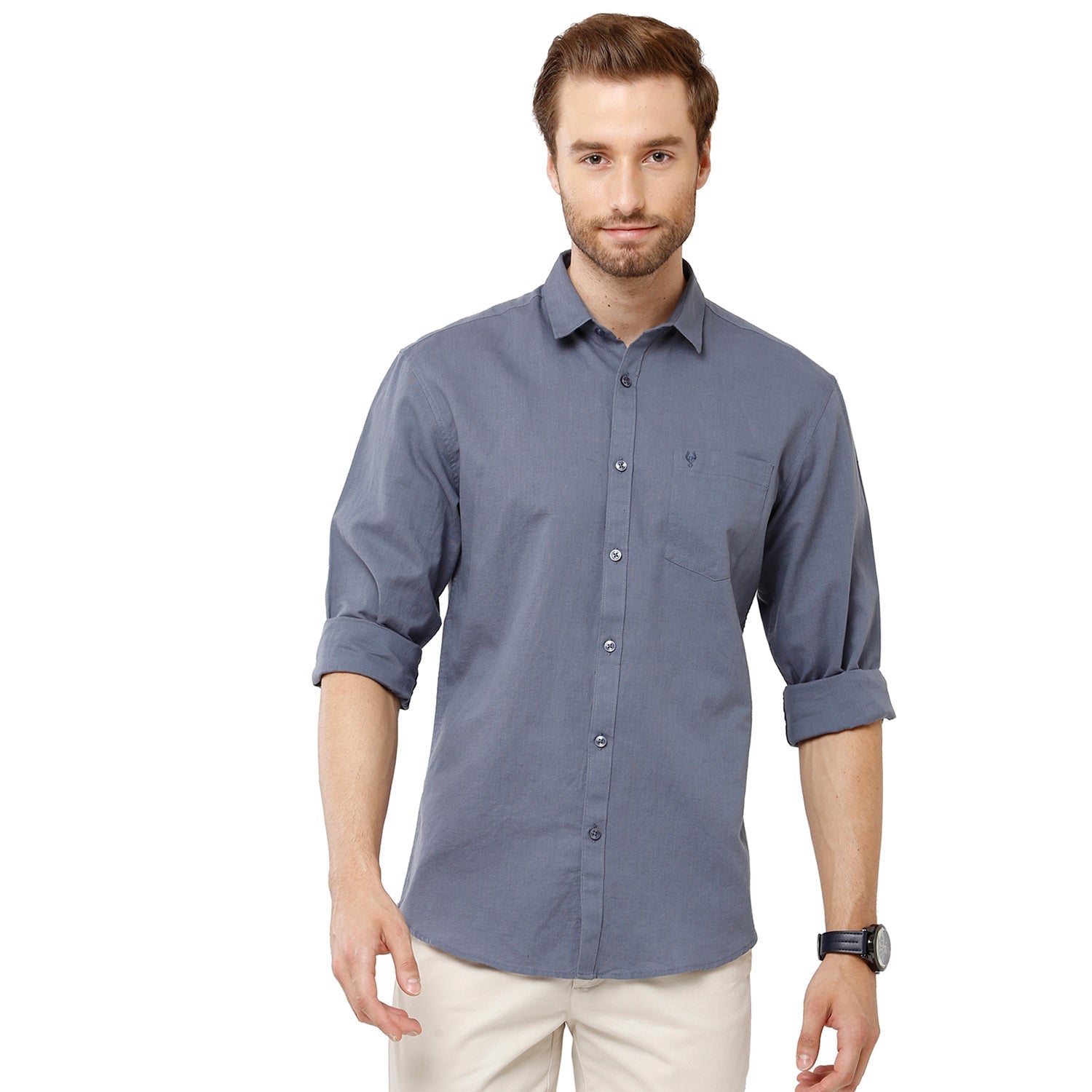 Classic Polo Mens 100% Cotton Solid Milono Fit Grey Color Woven Shirt - Mica Grey FS Shirts Classic Polo 