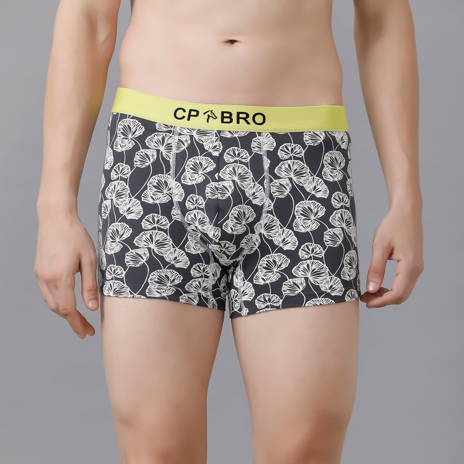 CP BRO Men's Printed Trunks with Exposed Waistband - Grey Leaf Print