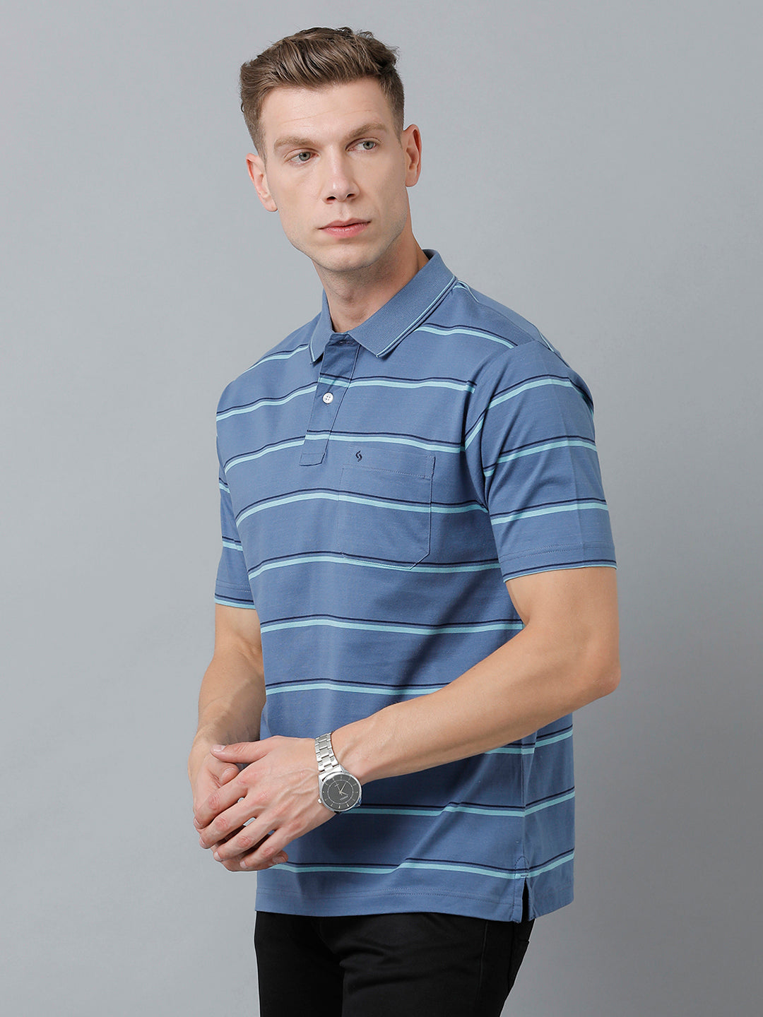 Classic Polo Men's Cotton Half Sleeve Striped Authentic Fit Polo Neck Blue Color T-Shirt | Ap - 89 A