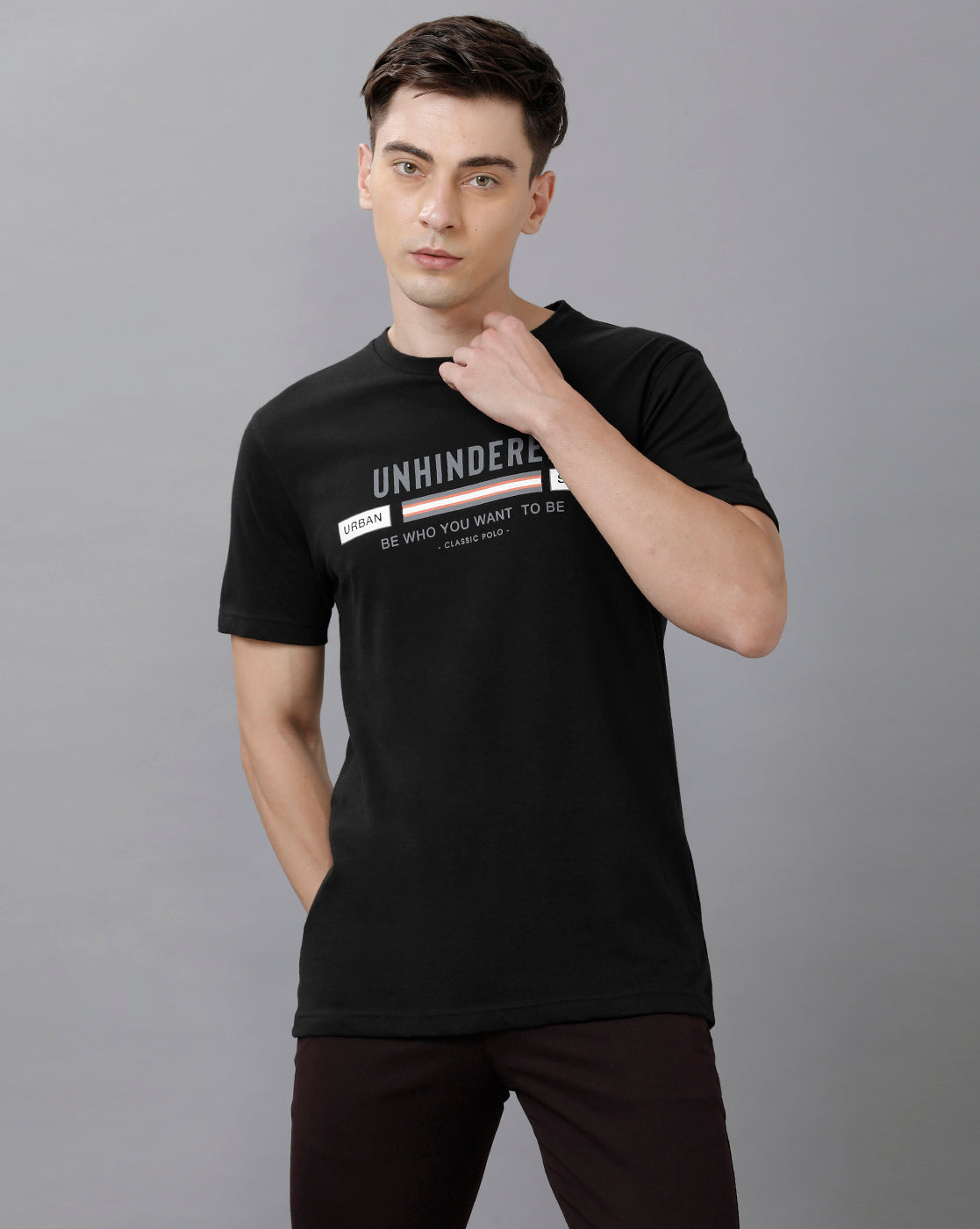 Classic Polo Mens Cotton Printed Half Sleeve Slim Fit Round Neck Black Color T-Shirt | Baleno 488