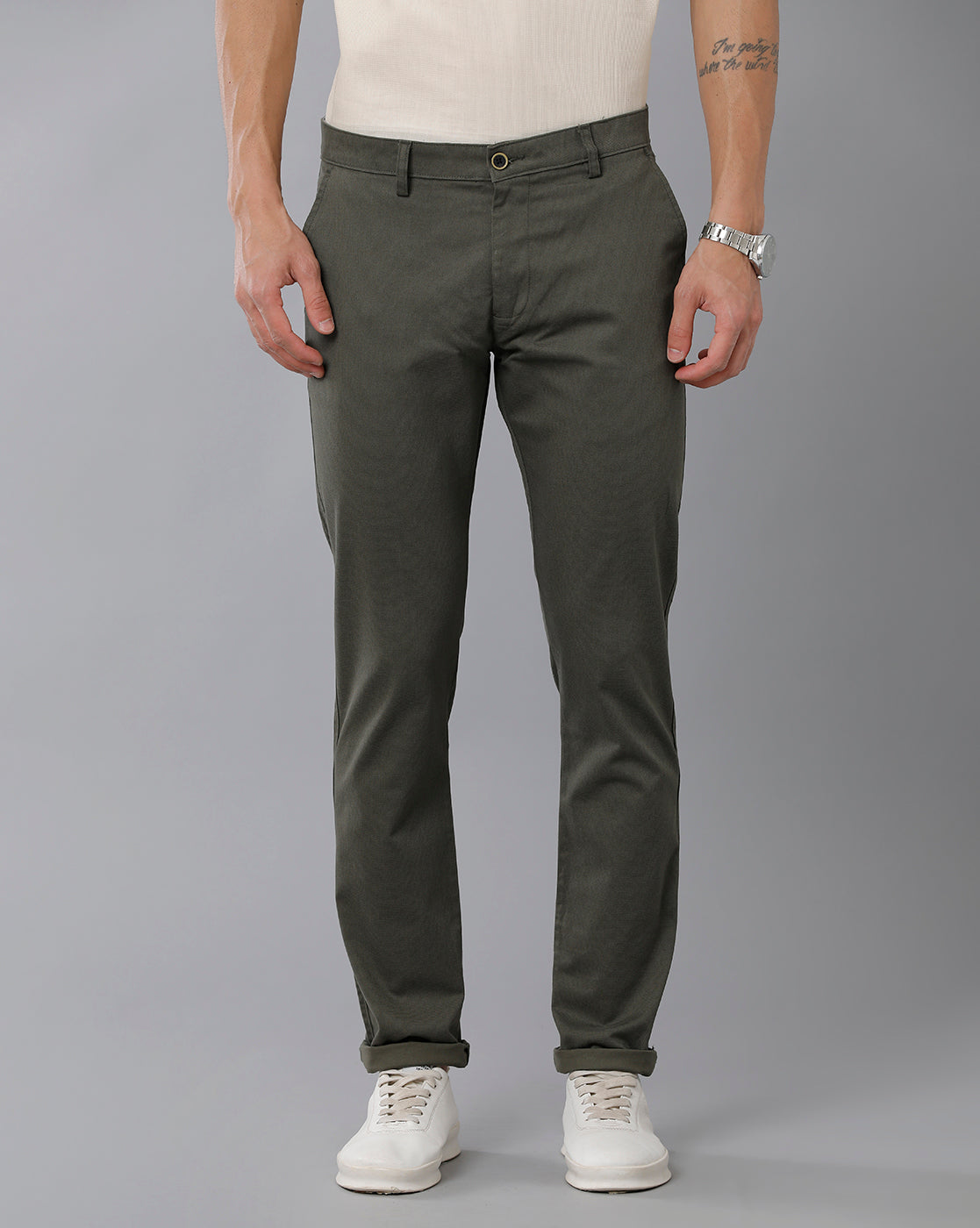 Classic Polo Men's 100% Cotton Moderate Fit Solid Olive Color Trouser | TO1-34 B-OLV