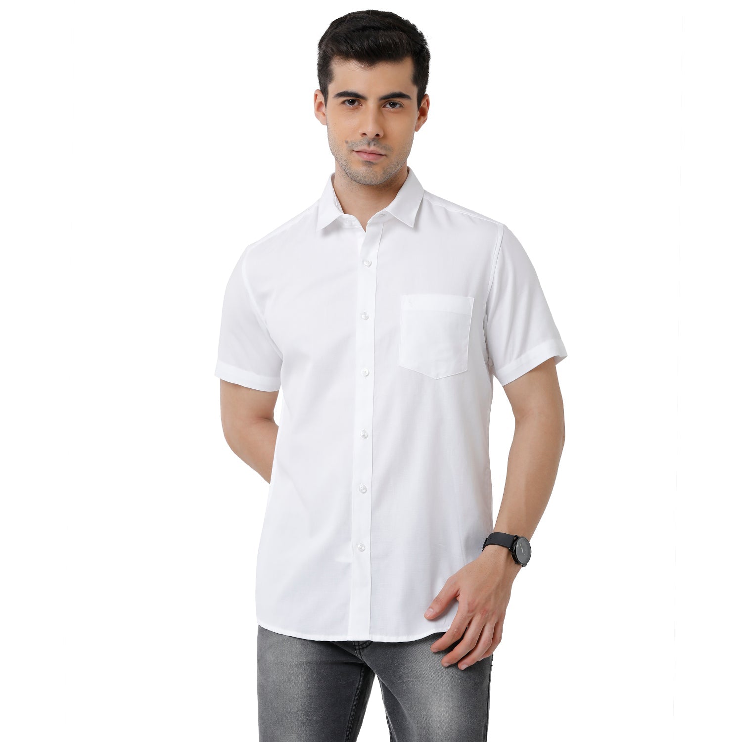 Classic Polo Mens 100% Cotton Solid Slim Fit Half Sleeve White Color Shirt - White 02 Hs Shirts Classic Polo 
