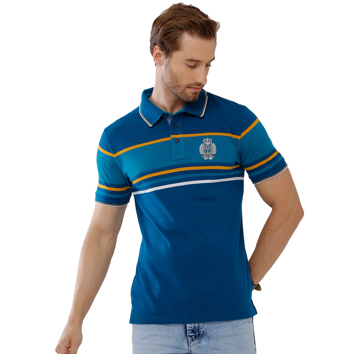 Classic Polo Mens 100% Cotton Blue Stripped Slim Fit Polo Neck T-Shirt - VTA 85 A T-shirt Classic Polo 