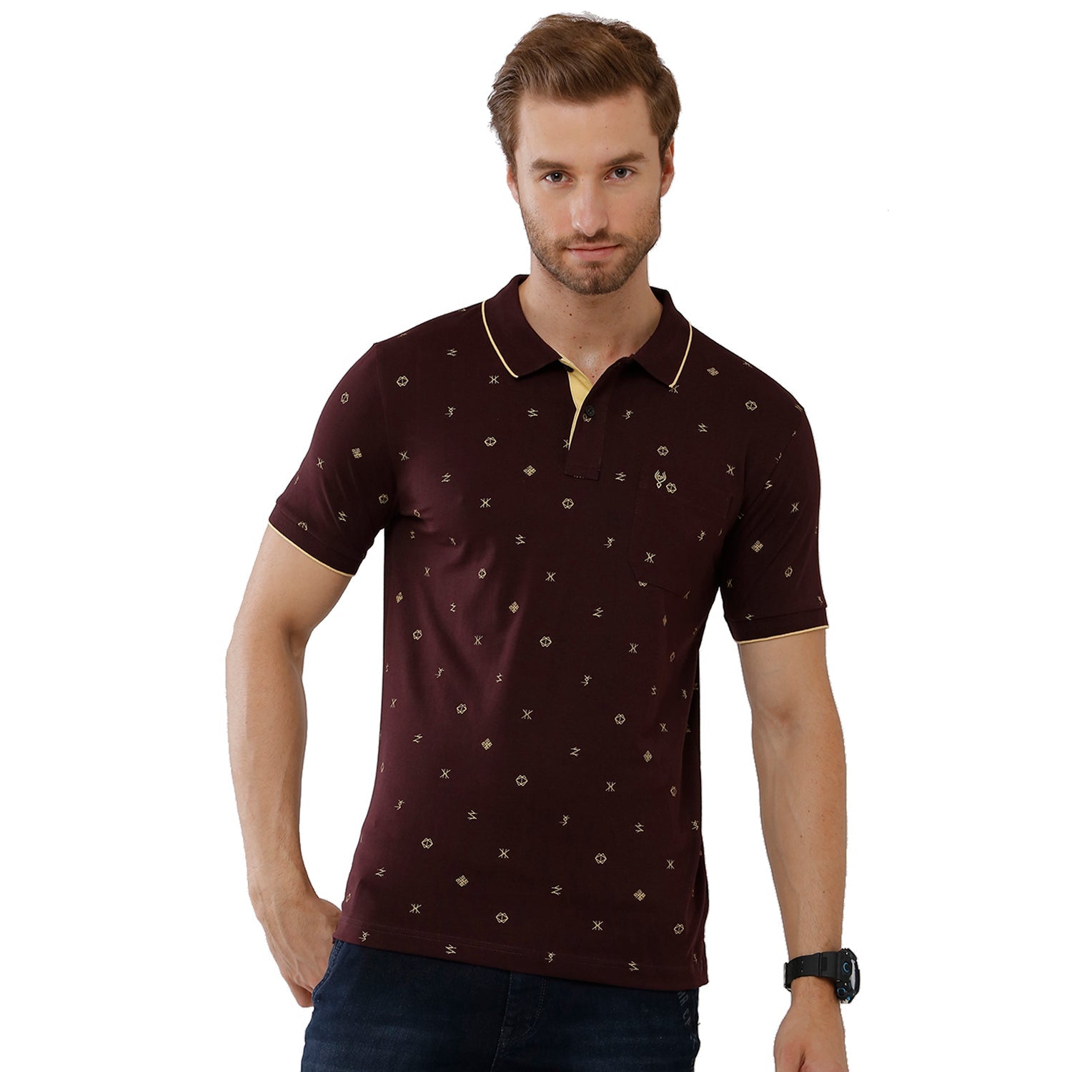 Classic Polo Mens 100% Cotton Printed Slim Fit Maroon Color Polo Neck T-Shirt -BELLO 169 B T-shirt Classic Polo 