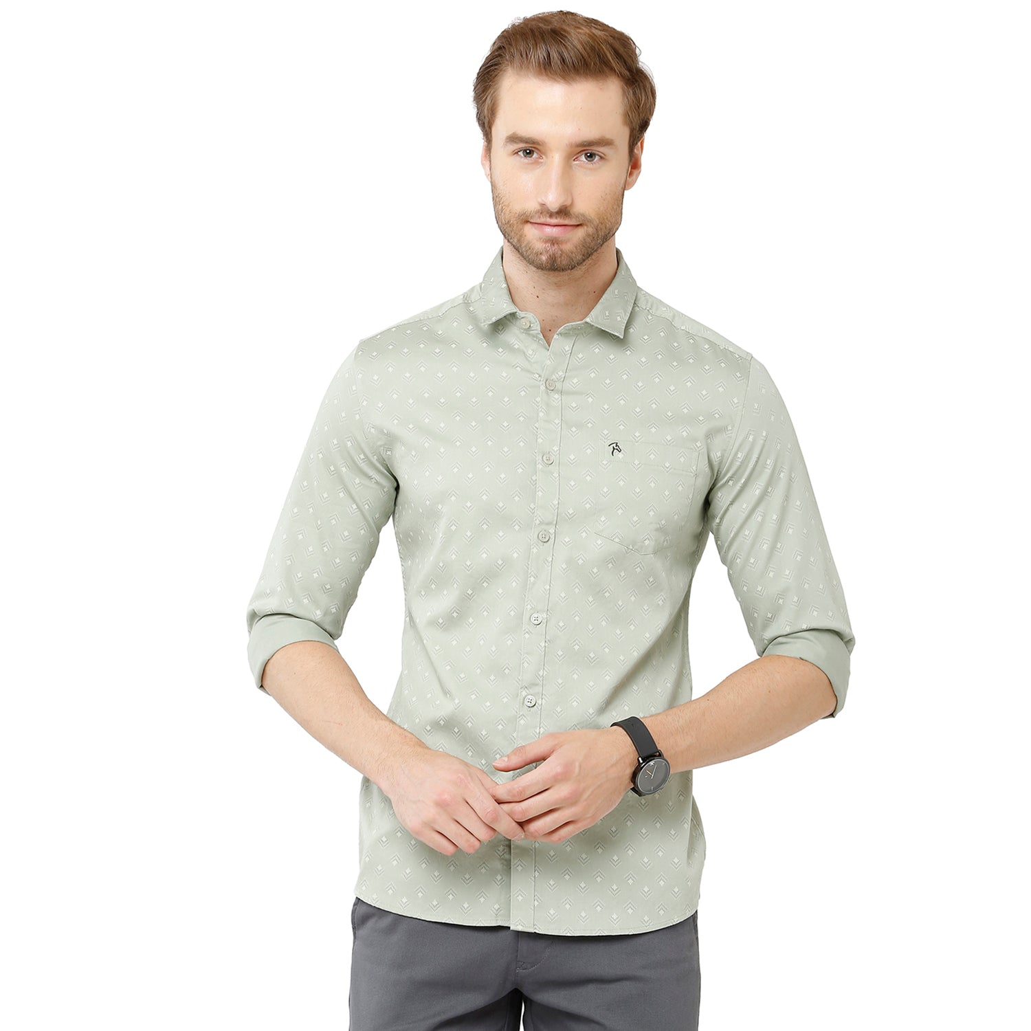 Classic Polo Bro Mens 100% Cotton Printed Full Sleeve Slim Fit Polo Neck Grey Color Woven Shirt (SBN1-34 B-FS-PRT-BSL) Classic Polo 