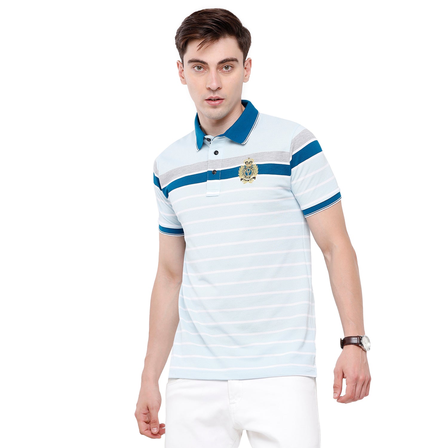 Classic Polo Mens Sky Blue Stripes Half Sleeve Slim Fit T-Shirt (VTA - 190 A SF P) T-shirt Classic Polo 
