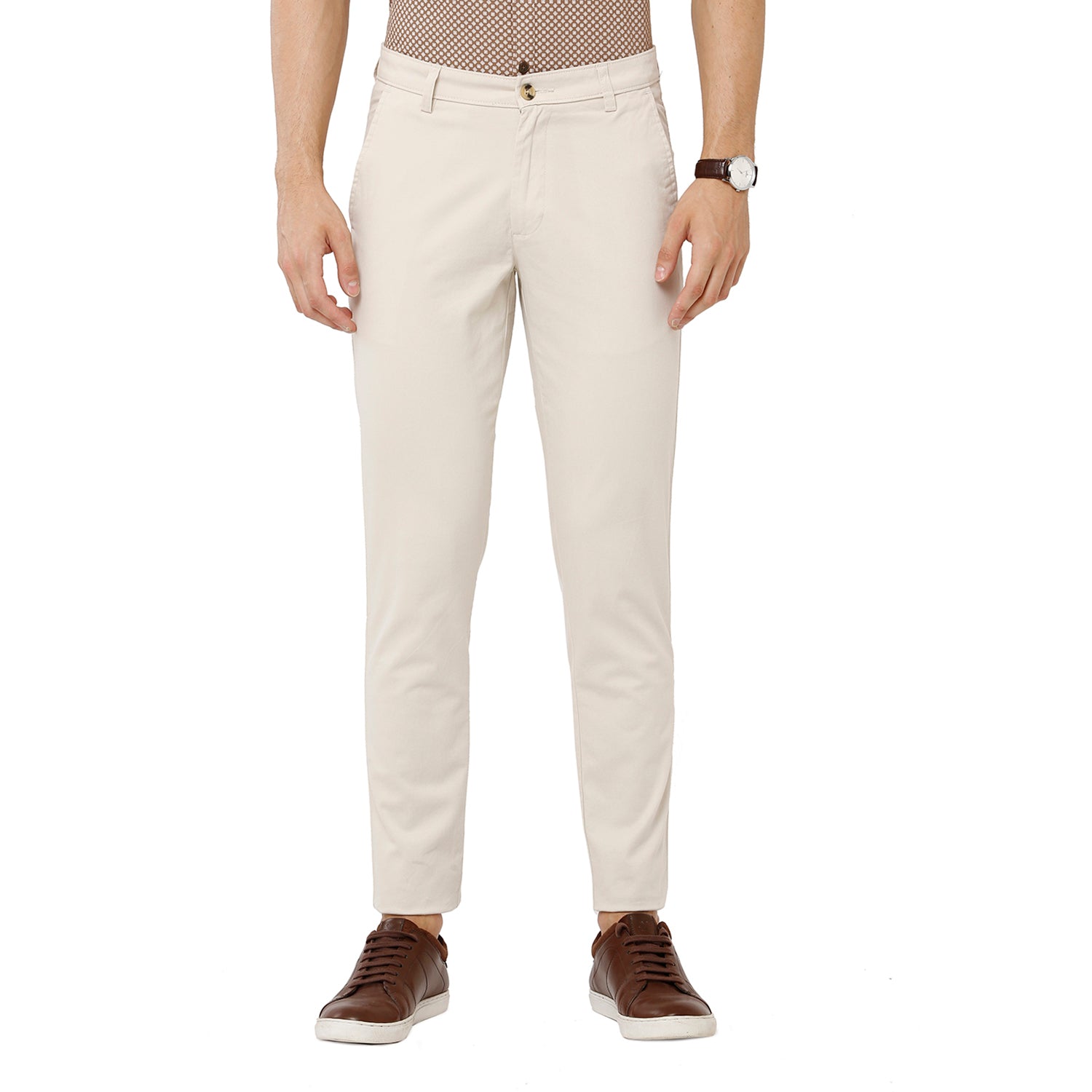 Classic Polo Mens 100% Cotton Solid Moderate Fit Cream Color Trousers - Ares Cream classic polo trousers Classic Polo 