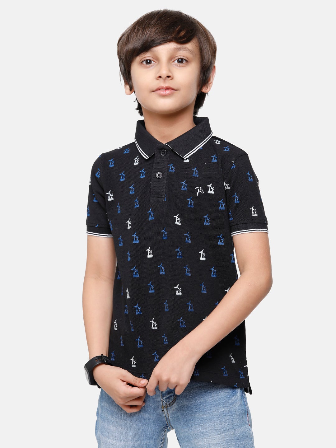 CP Boys Black Printed Slim Fit Polo Neck T-Shirt T-shirt Classic Polo 