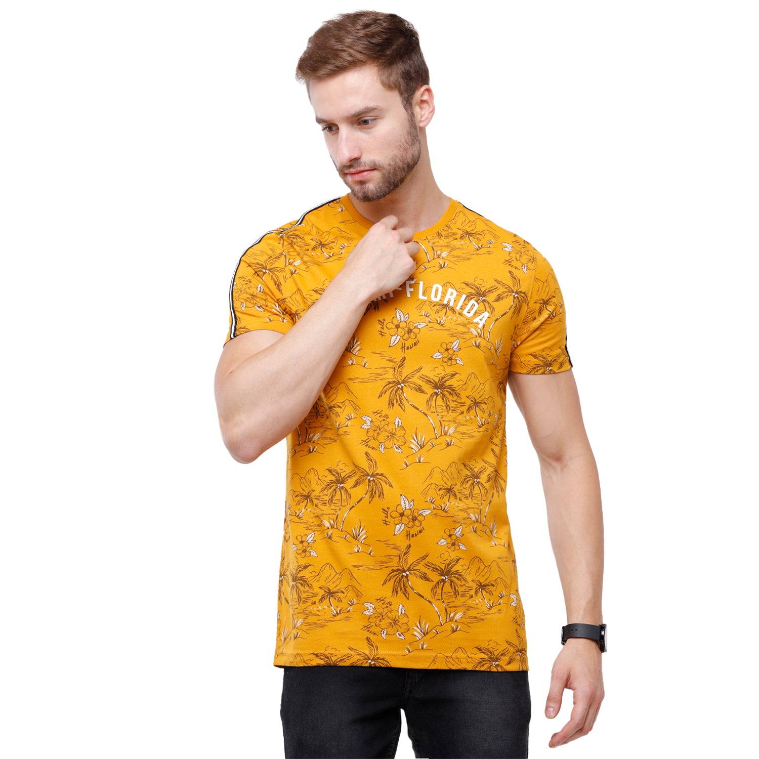 Swiss Club Mens Yellow Printed Slim Fit Half Sleeve Round Neck T-Shirt (CUB - 51 B SF C) T-shirt Swiss Club 