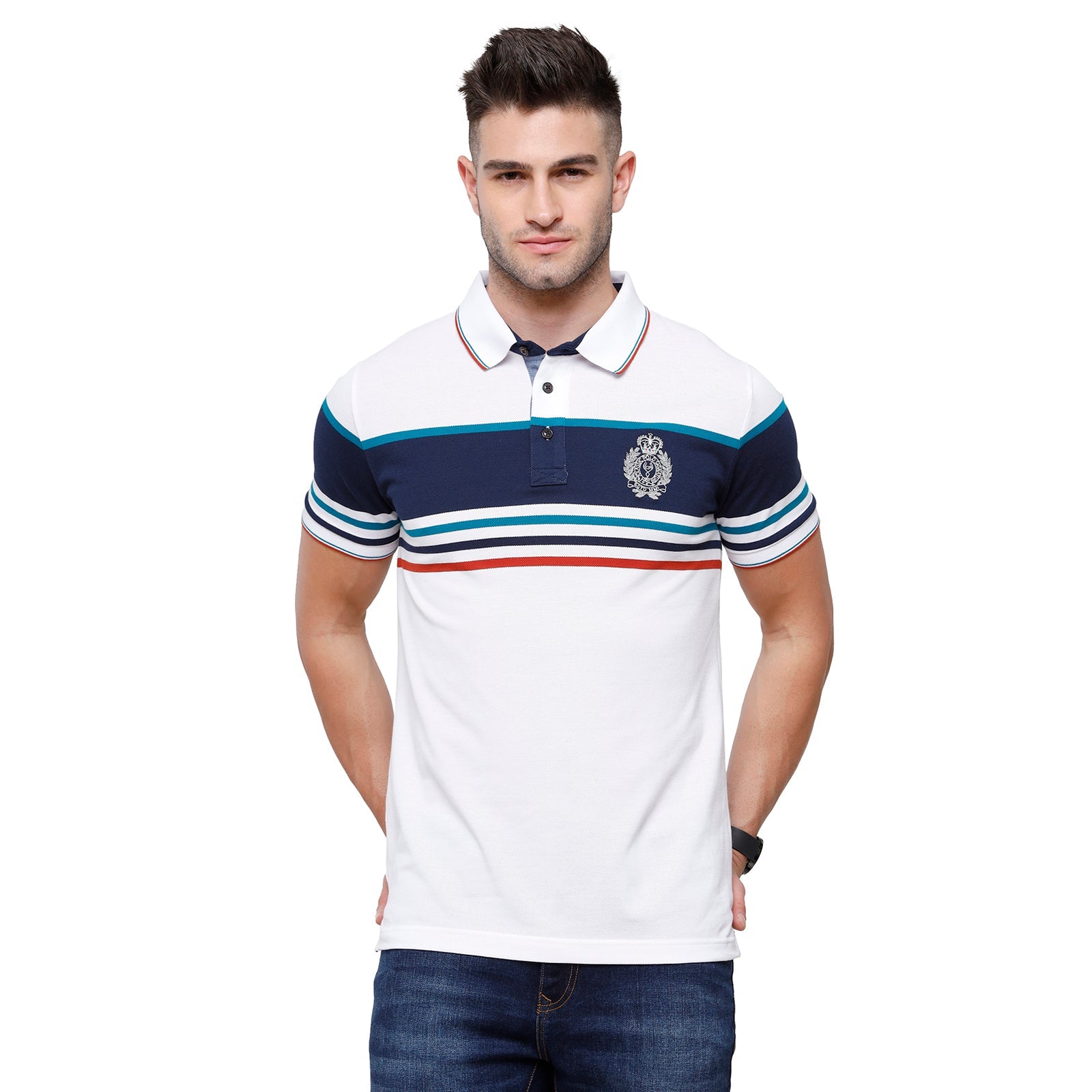 Classic Polo Mens White Stripped Half Sleeve Slim Fit Polo Neck T-Shirt - Vta -185 B T-shirt Classic Polo 