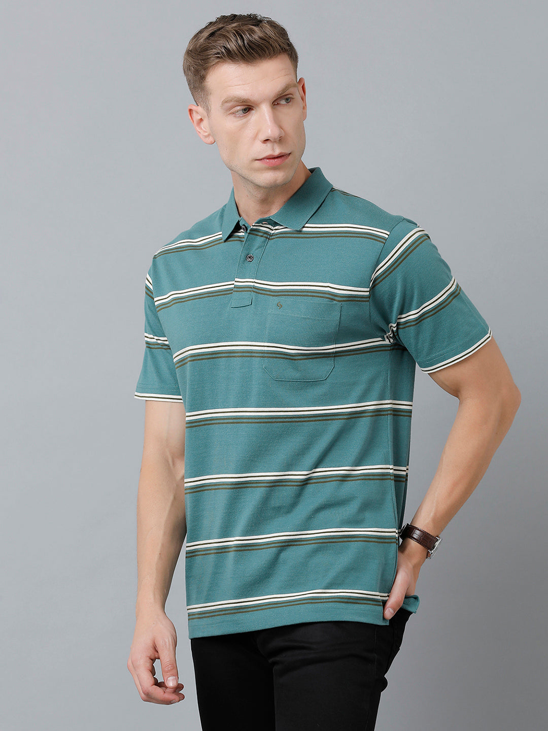 Classic Polo Men's Cotton Blend Half Sleeve Striped Authentic Fit Polo Neck Teal Grey Color T-Shirt | Avon - 527 A