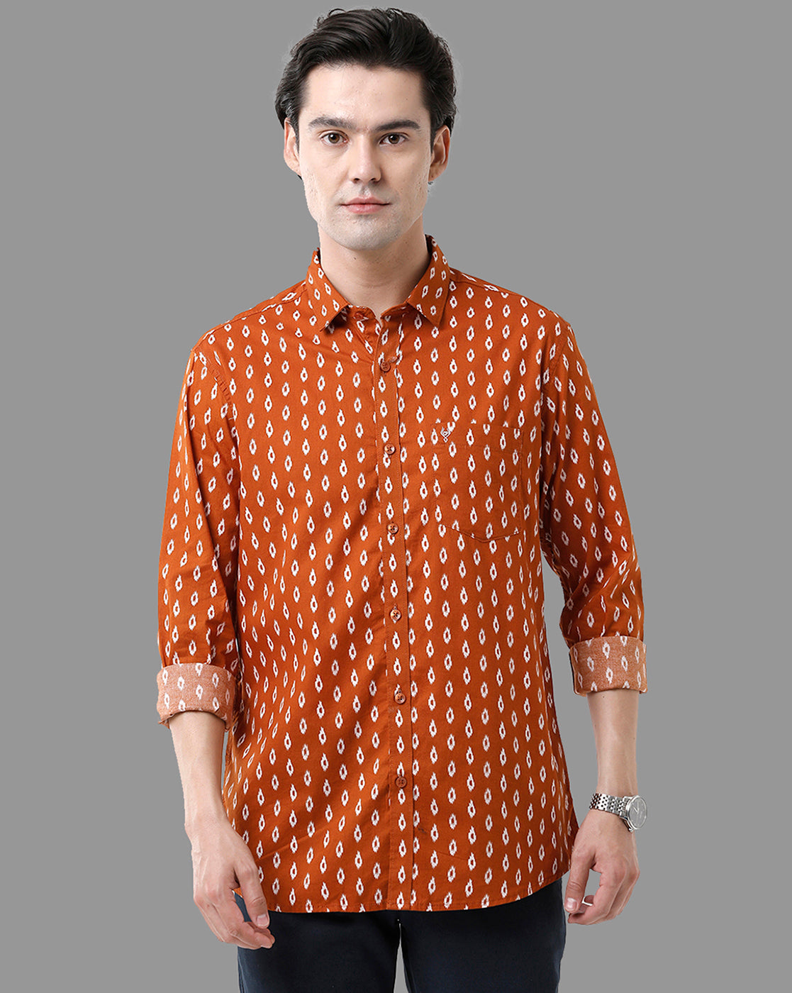 Classic Polo Mens Cotton Full Sleeve Checked Slim Fit Polo Neck Orange Color Woven Shirt | Sfd1-32 A