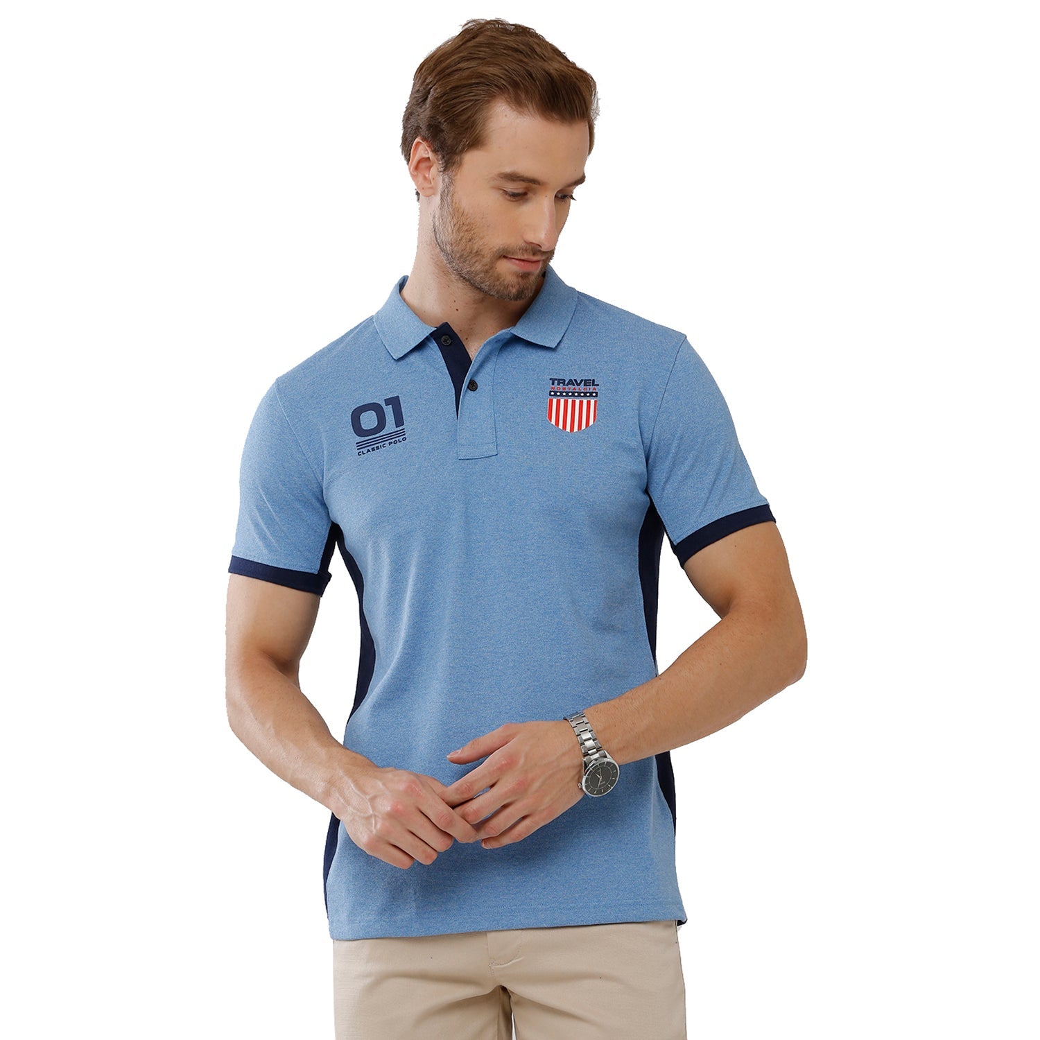 Classic Polo Mens 100% Cotton Color Block Slim Fit Blue Polo Neck T-Shirt -PRM 681 A T-shirt Classic Polo 