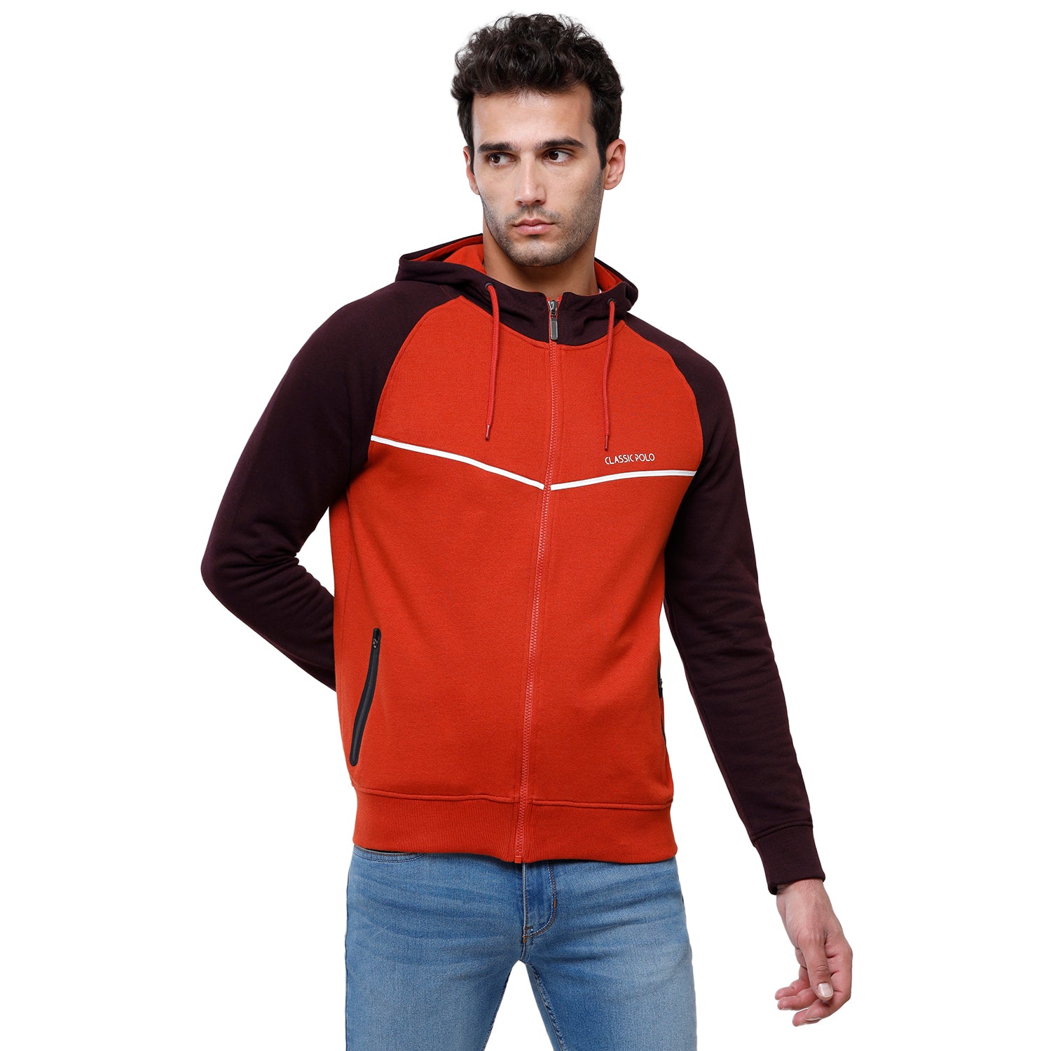 Classic Polo Men's Color Block Full Sleeve Red & Black Hooded Sweat Shirt - CPSS-331B Sweat Shirts Classic Polo 
