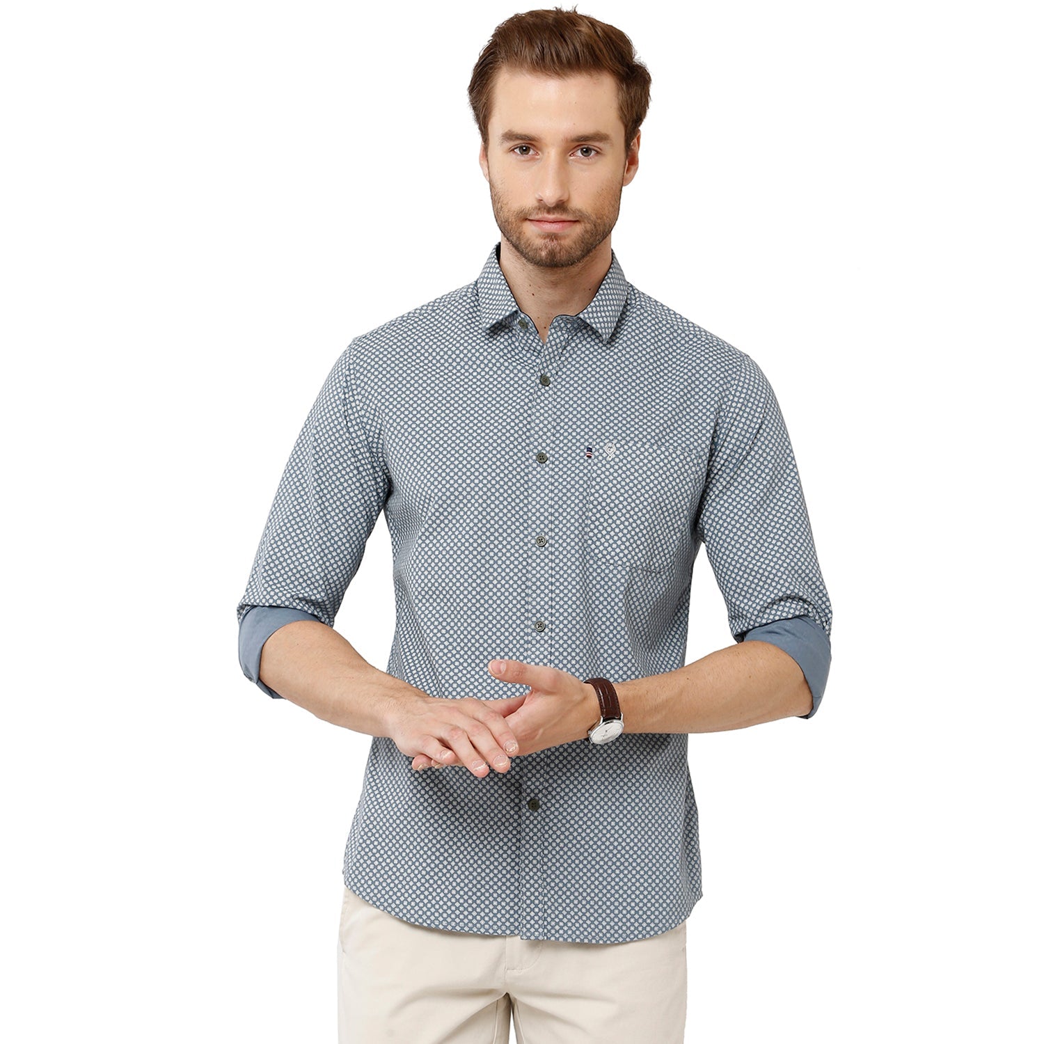 Classic Polo Mens 100% Cotton Full Sleeve Printed Slim Fit Grey Color Woven Shirt -SN1-56 A Classic Polo 