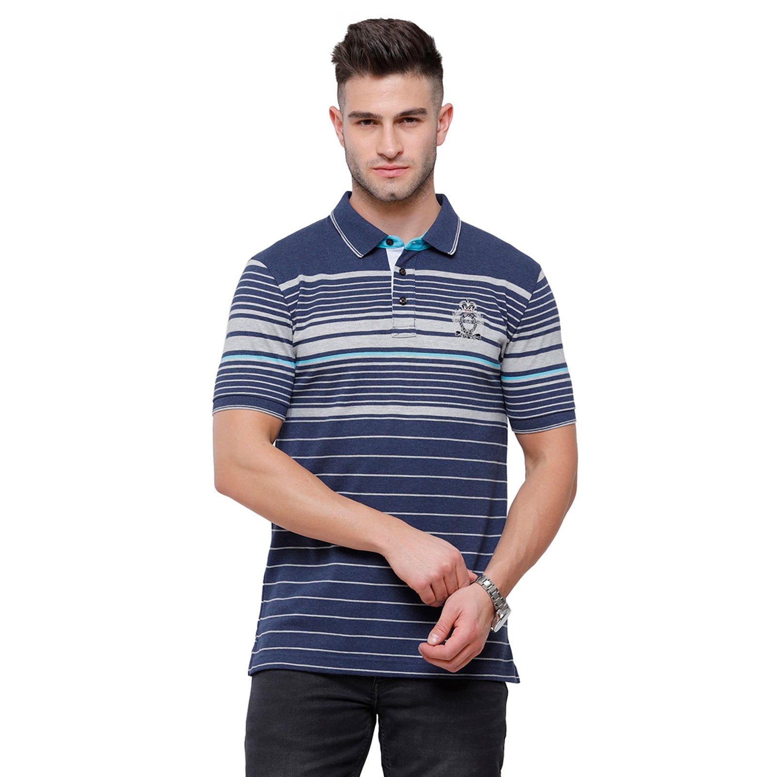 Classic Polo Mens Navy & Grey Stripped Half Sleeve Slim Fit Polo Neck T-Shirt - VTA 183 A T-shirt Classic Polo 