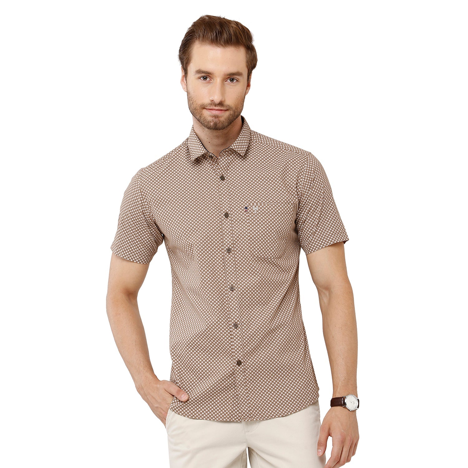 Classic Polo Mens 100% Cotton Half Sleeve Printed Slim Fit Beige Color Woven Shirt -SN1 56 B Shirts Classic Polo 