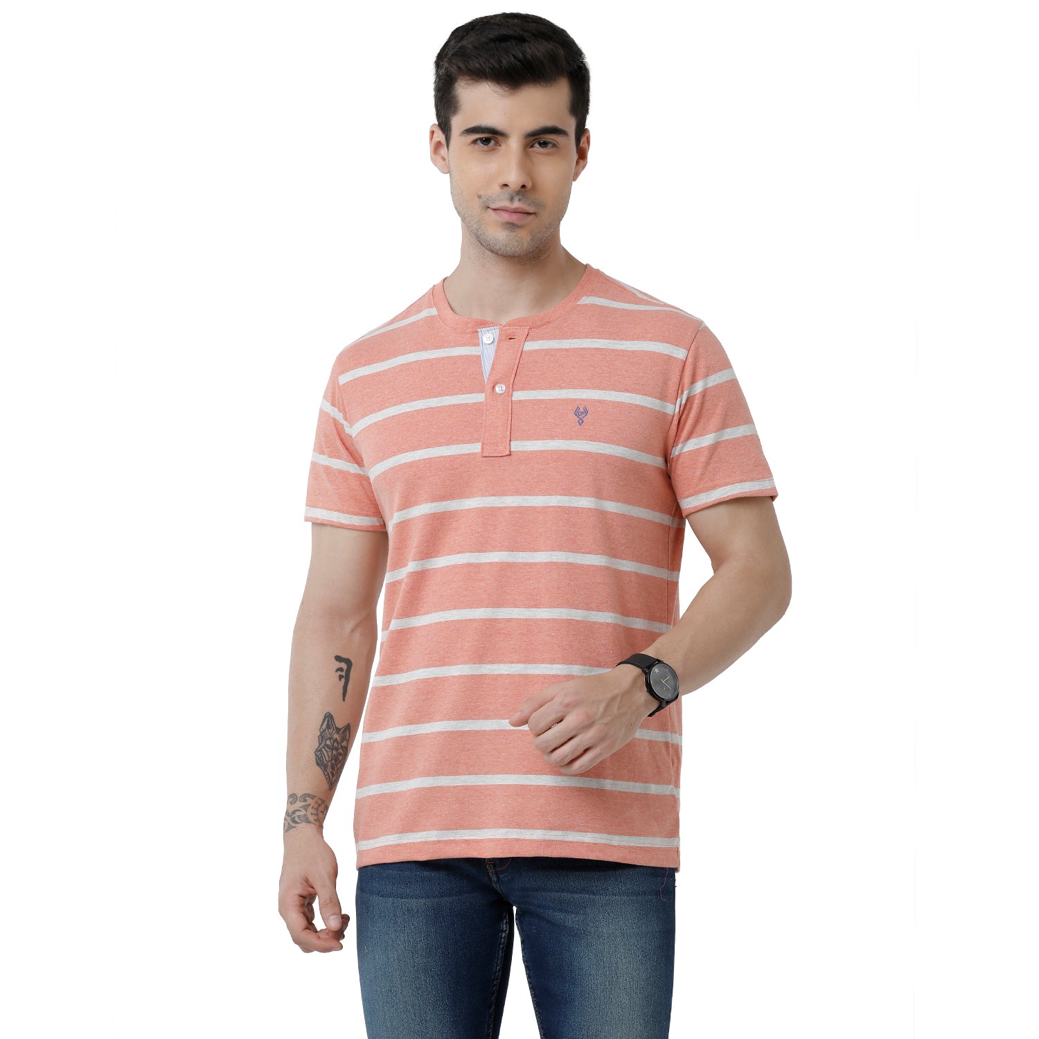 Classic Polo Mens Striped Slim Fit Crew Neck Peach Color T-Shirt - Baleno - 405 A T-shirt Classic Polo 