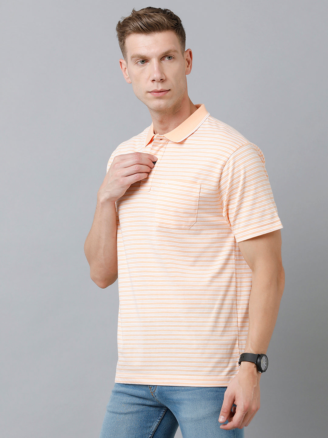 Classic Polo Men's Cotton Half Sleeve Striped Authentic Fit Polo Neck Peach Color T-Shirt | Feeders - 212 A